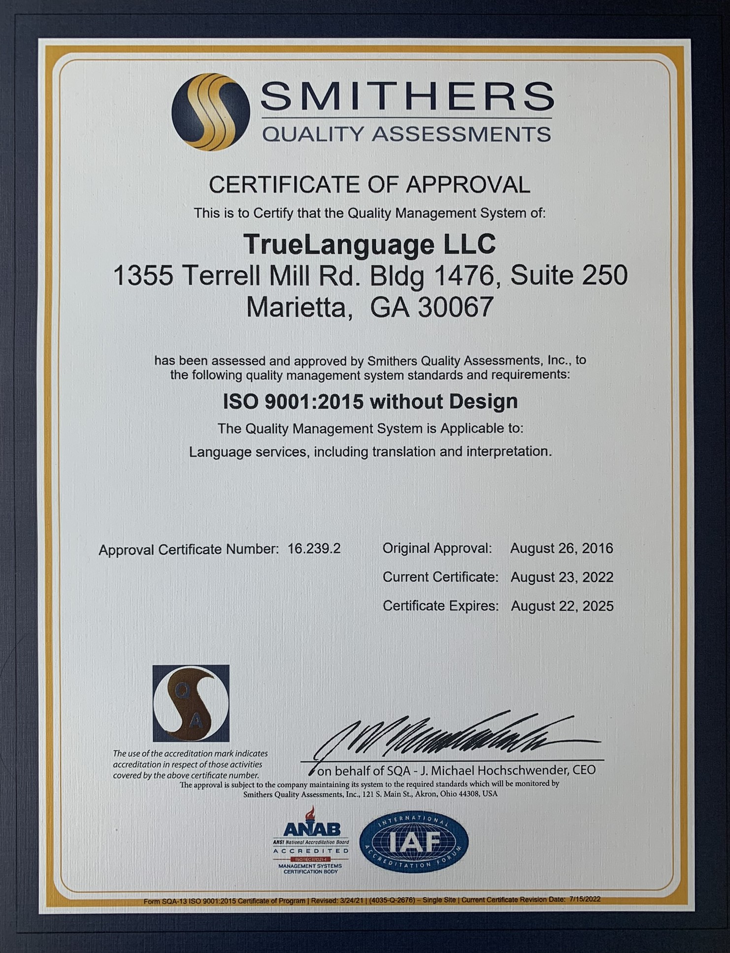 ISO Certificate 2022-2025 as part of our Quality Management System