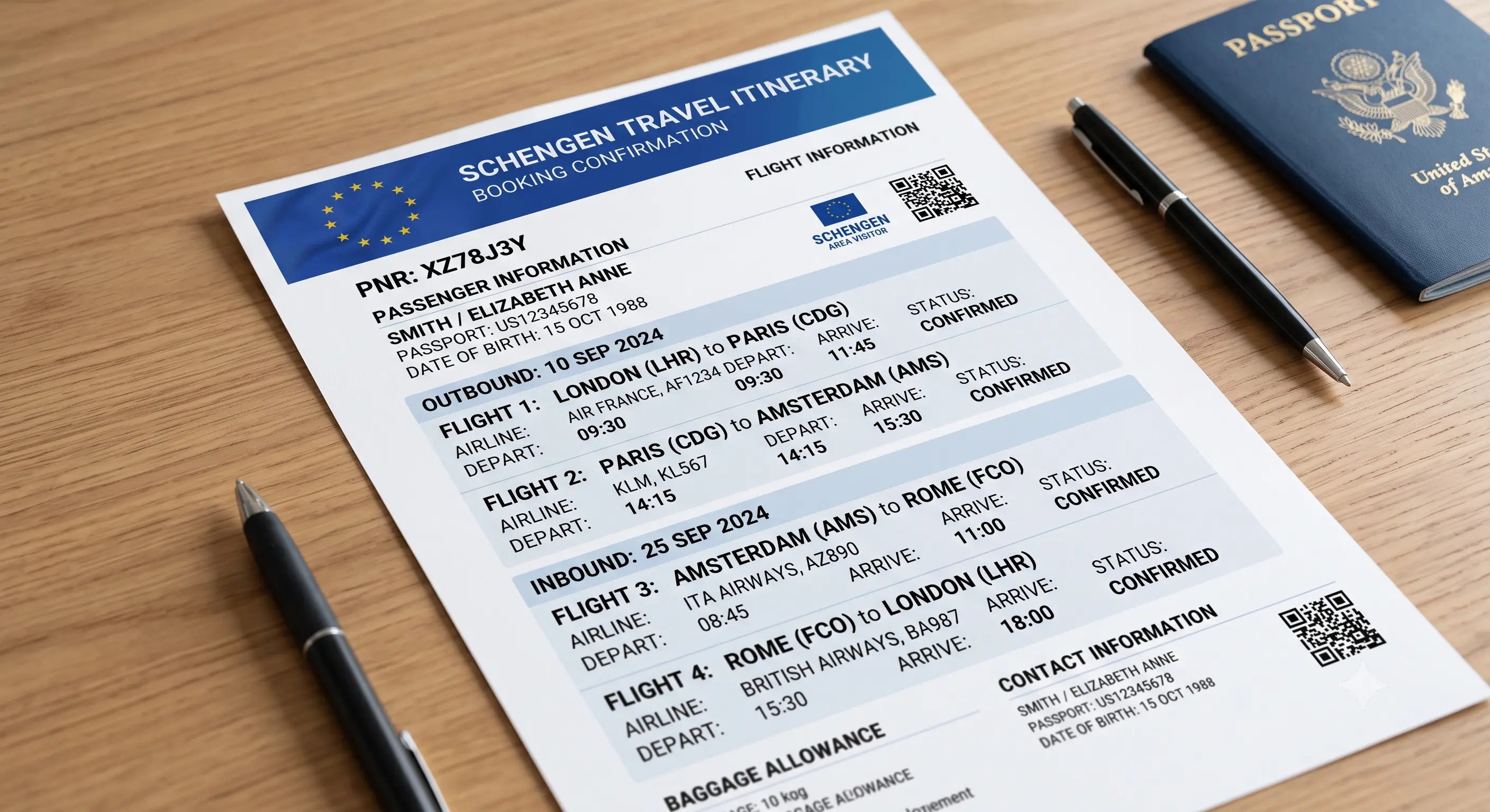 flight itinerary for Schengen visa