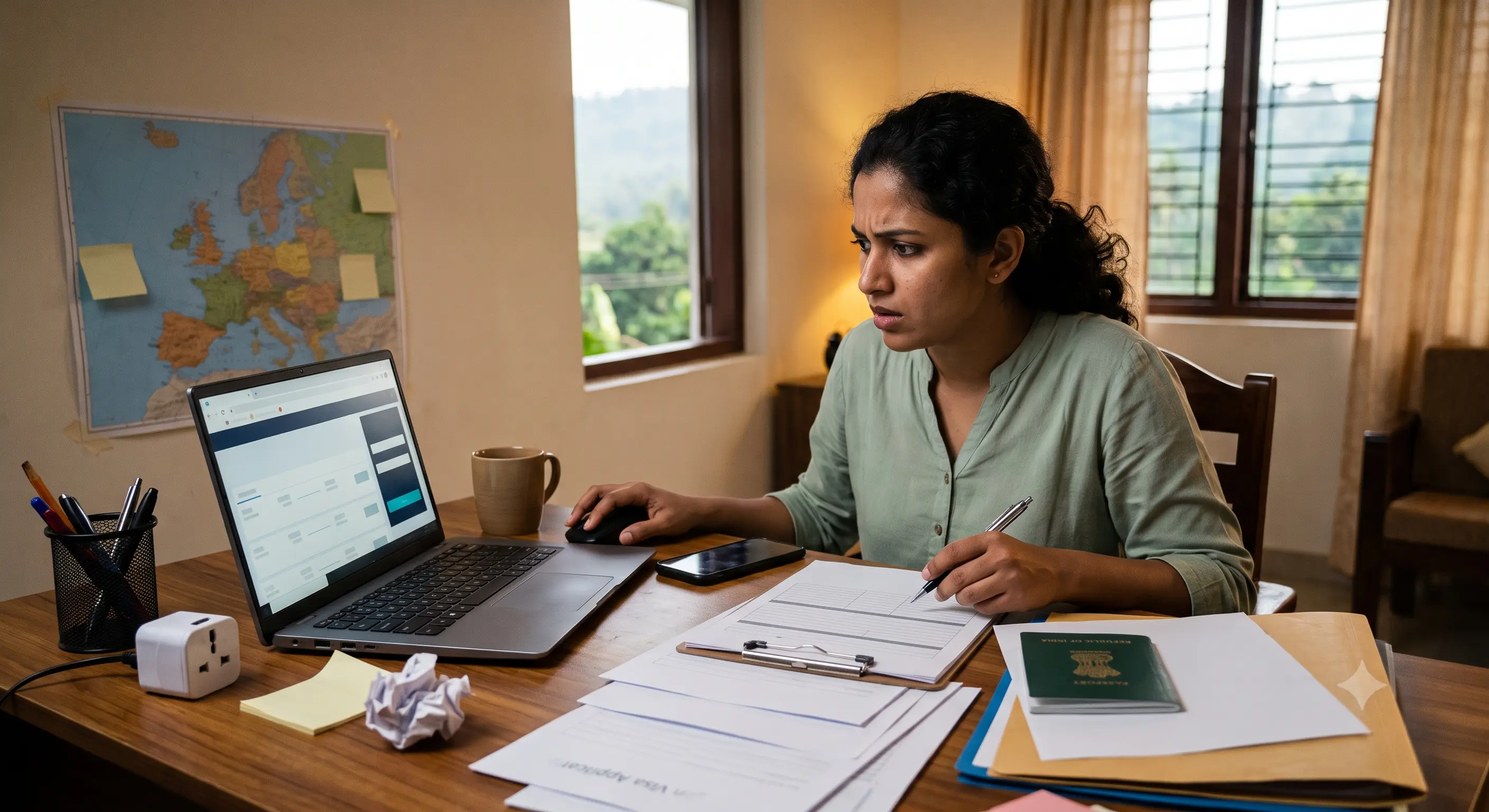 Traveller checking flight options while preparing visa applications
