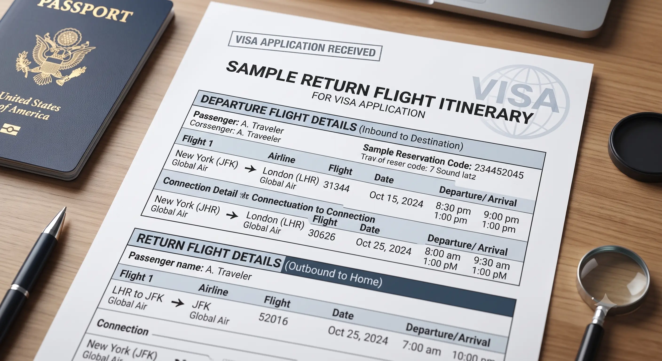 return flight itinerary for visa aplication