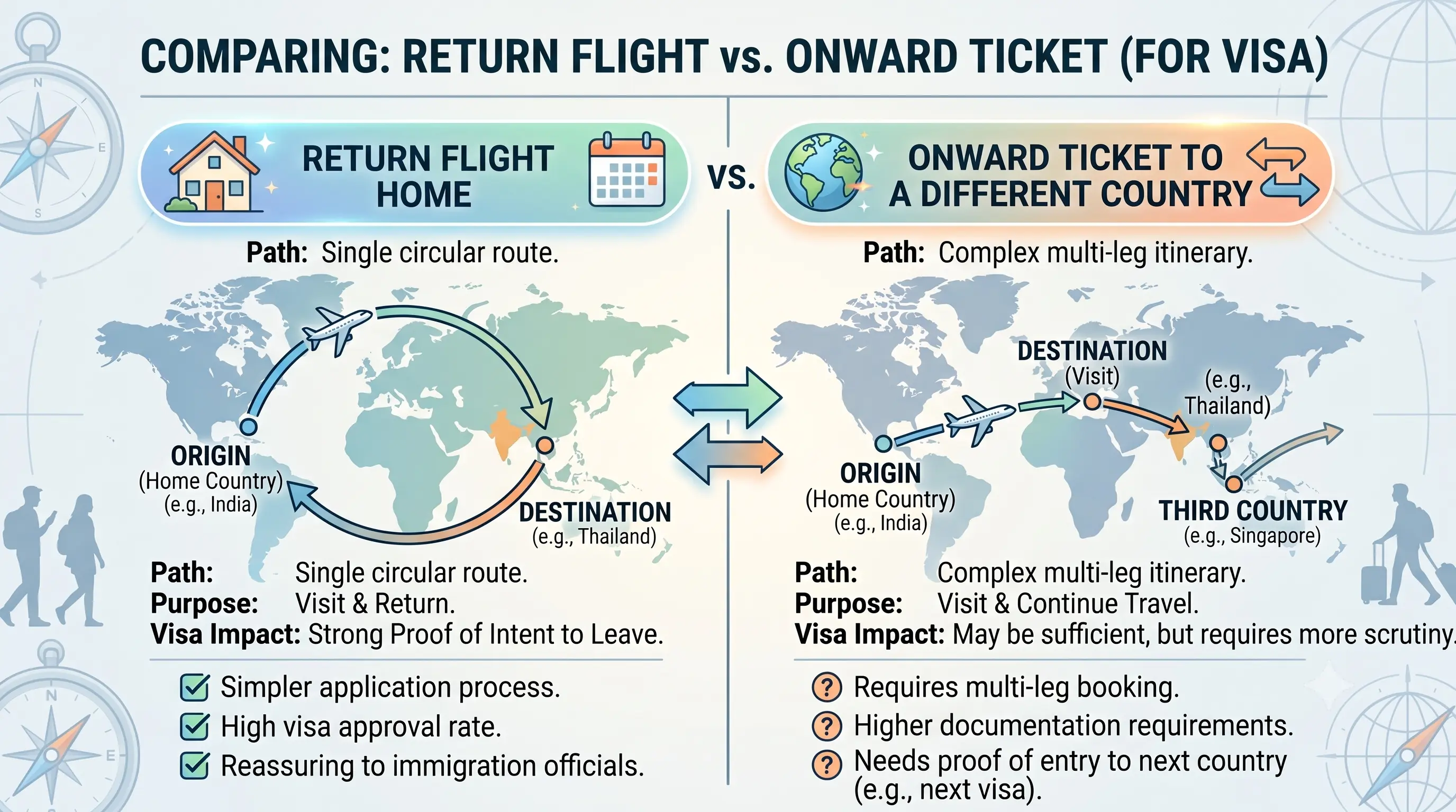 comparing a return flight home vs an ownward ticket to a different country