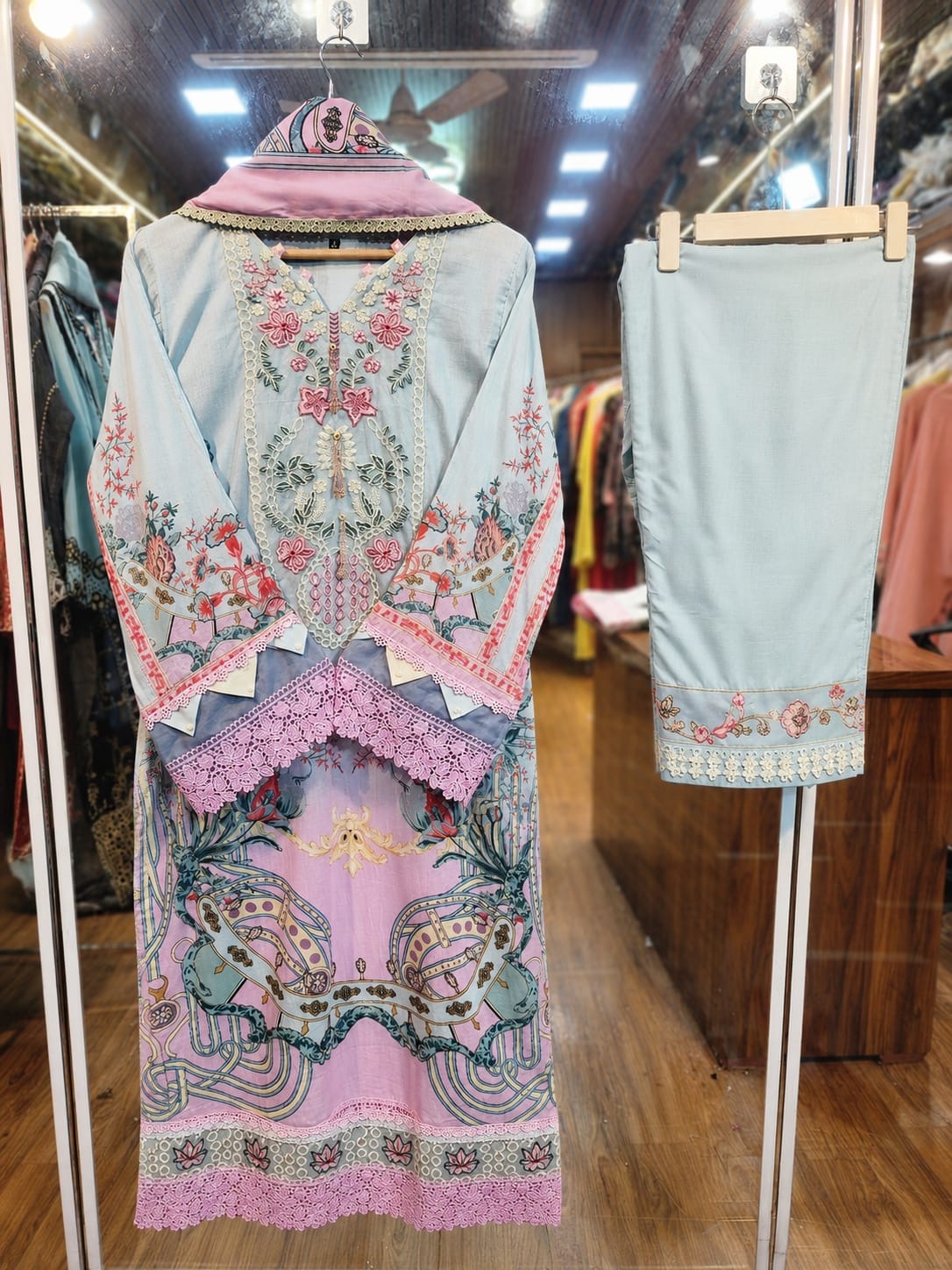 Powder Blue Pure Cotton Suit With Tassel
