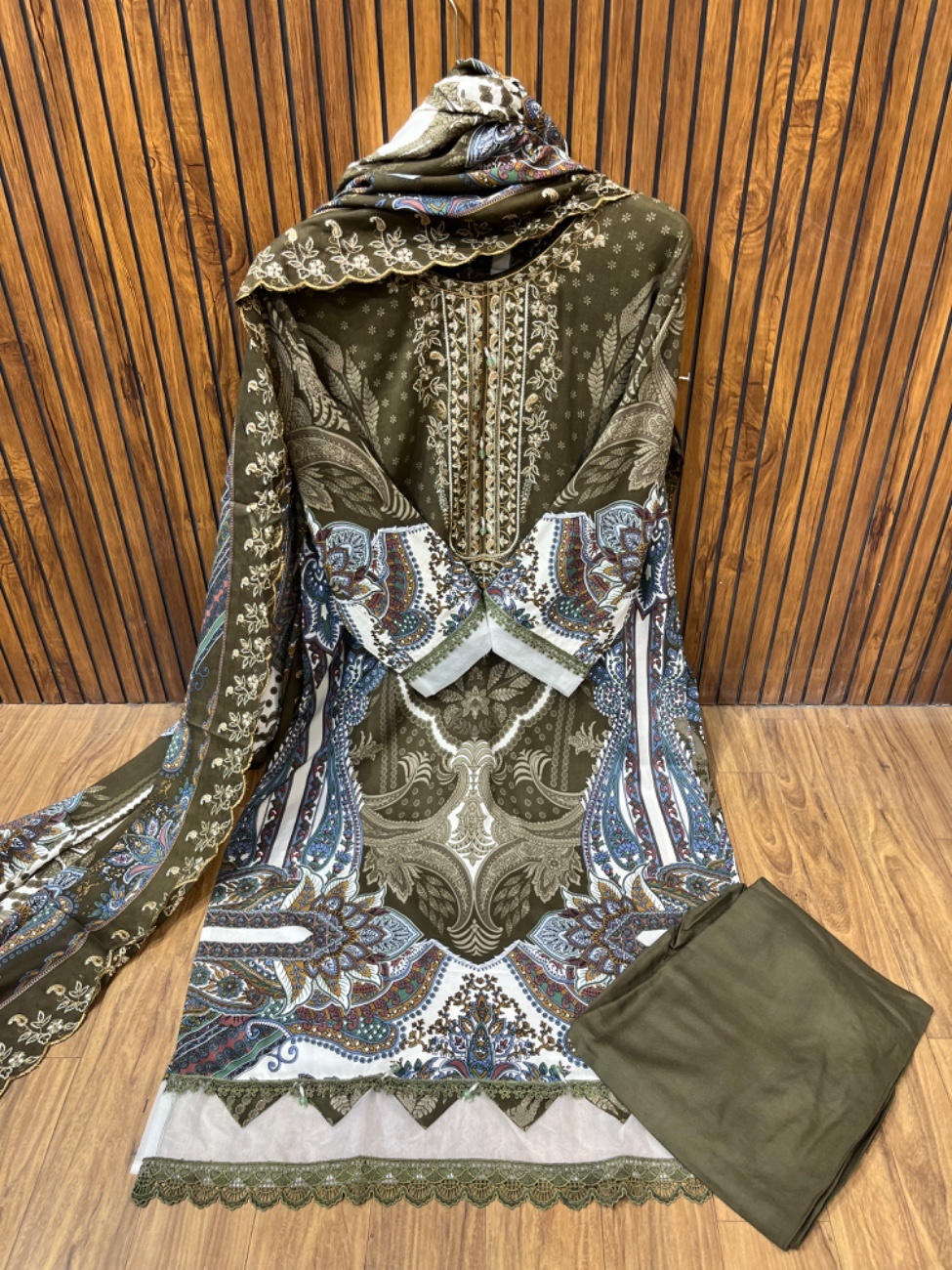 teal green shade with elegant digital paisley and floral print all over