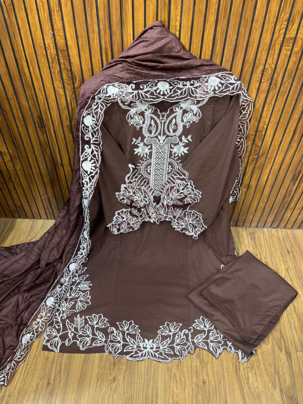 Brown Rayon embroidery work on neck sleeve and cutwork on daman and dupatta