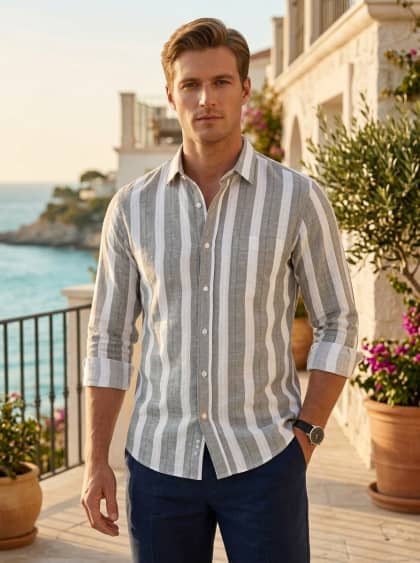 Linen-Blend Striped Casual Shirt