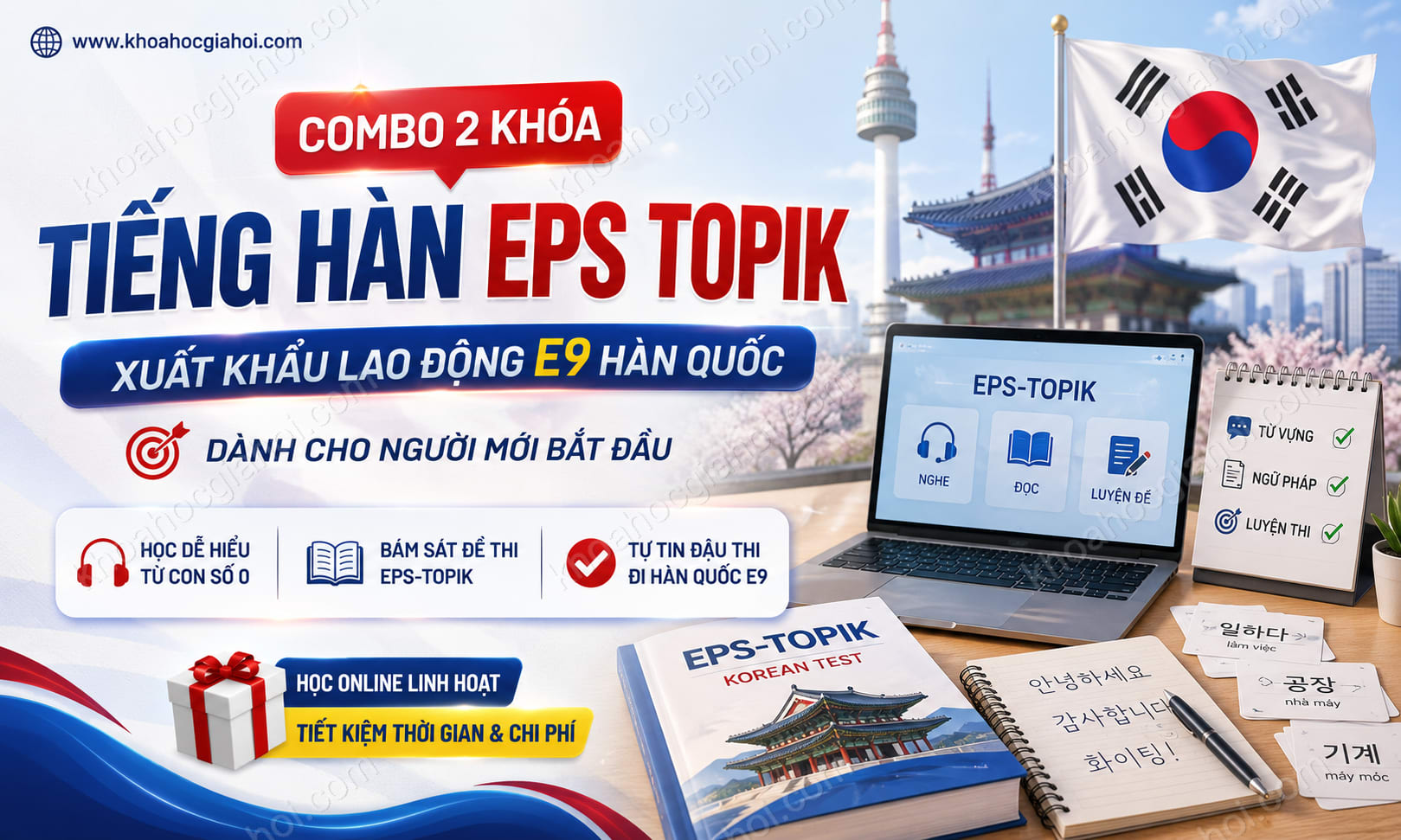 Combo 2 Khoá Tự Học Tiếng Hàn Thi Eps Topik Xuất Khẩu Lao Động E9 Hàn Quốc Dành Cho Người Mới Bắt Đầu