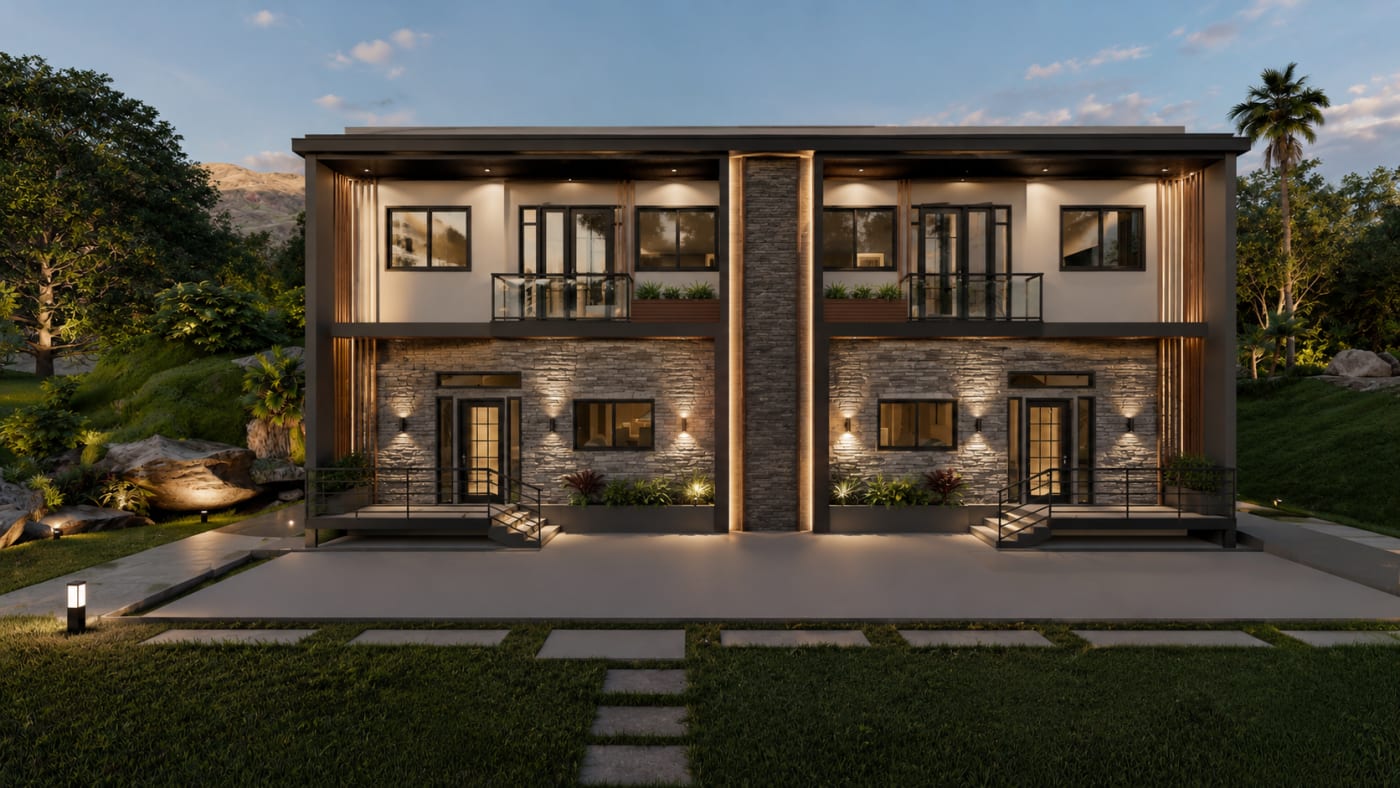 3D render of Twinstone Residences, a two-storey home