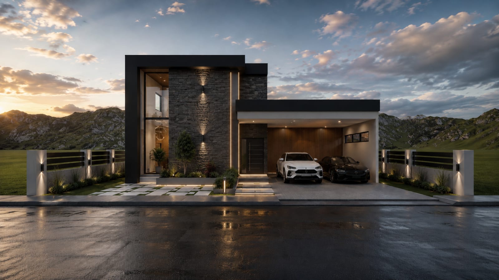 Modern two-storey home with stone feature wall and carport at dusk, designed by ELLE