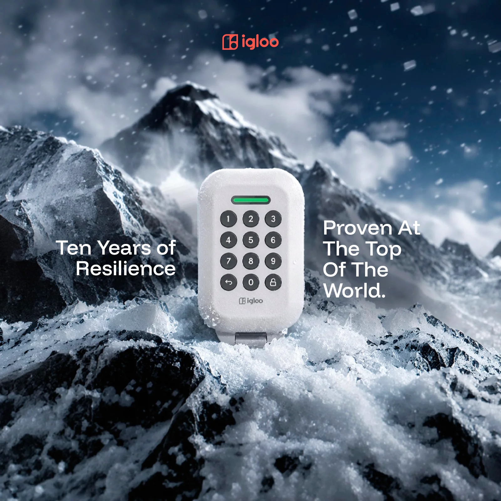 An igloo Lockbox on the summit of Mount Everest — ten years of resilience, proven at the top of the world.