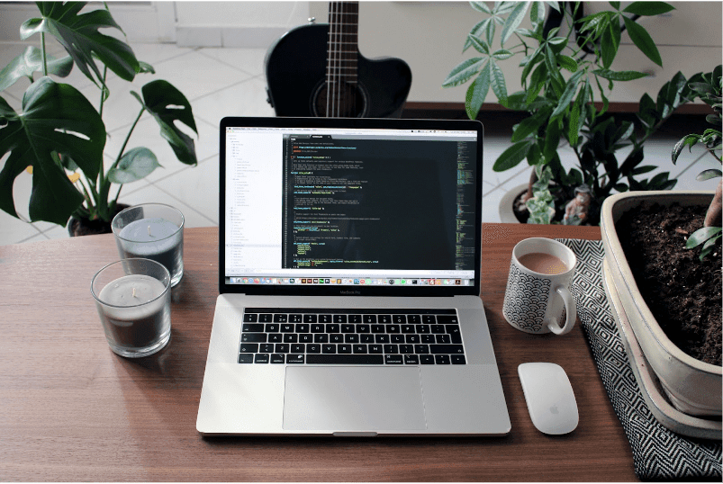 An open laptop on desk with website code up and plants around the outside of the screen
