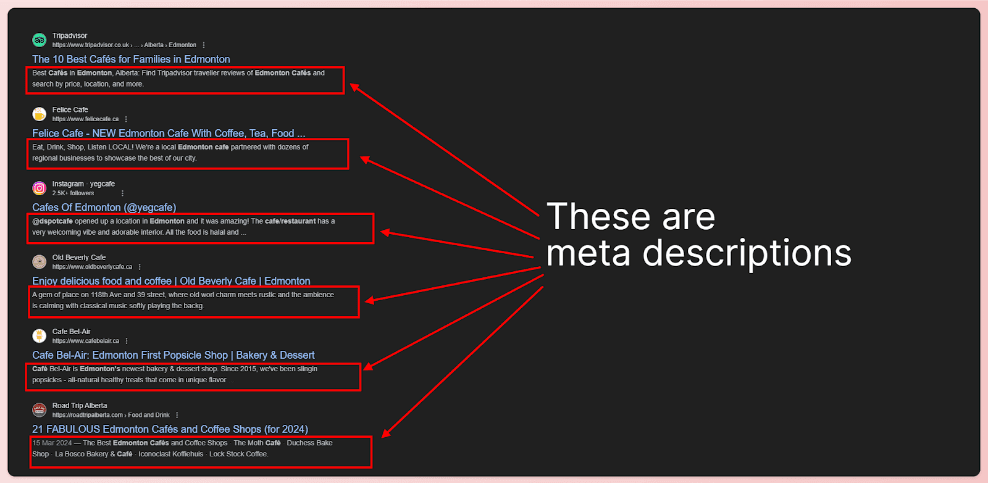 A screenshot of a Google results page with red arrows and boxes around every example of an SEO meta description