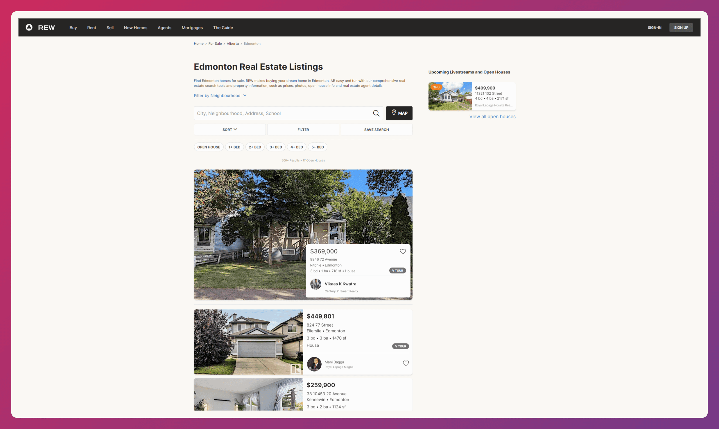A screenshot of the REW.ca real estate website homepage
