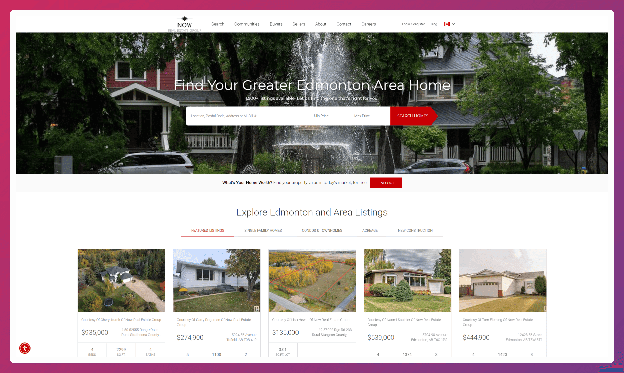 A screenshot of the Now Real Estate Group homepage