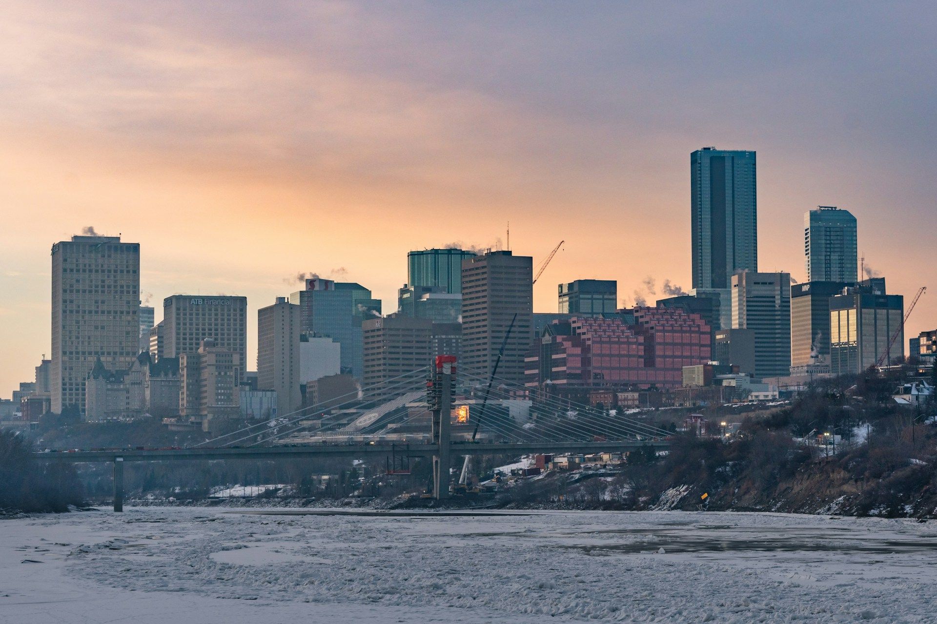 A cityscape scene of Edmonton, Canada and the skyline during the winter