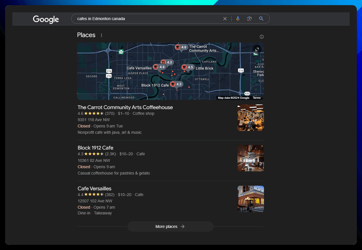 A screenshot of a Google SERP for "cafes in Edmonton" with the Google Business Profiles at the top