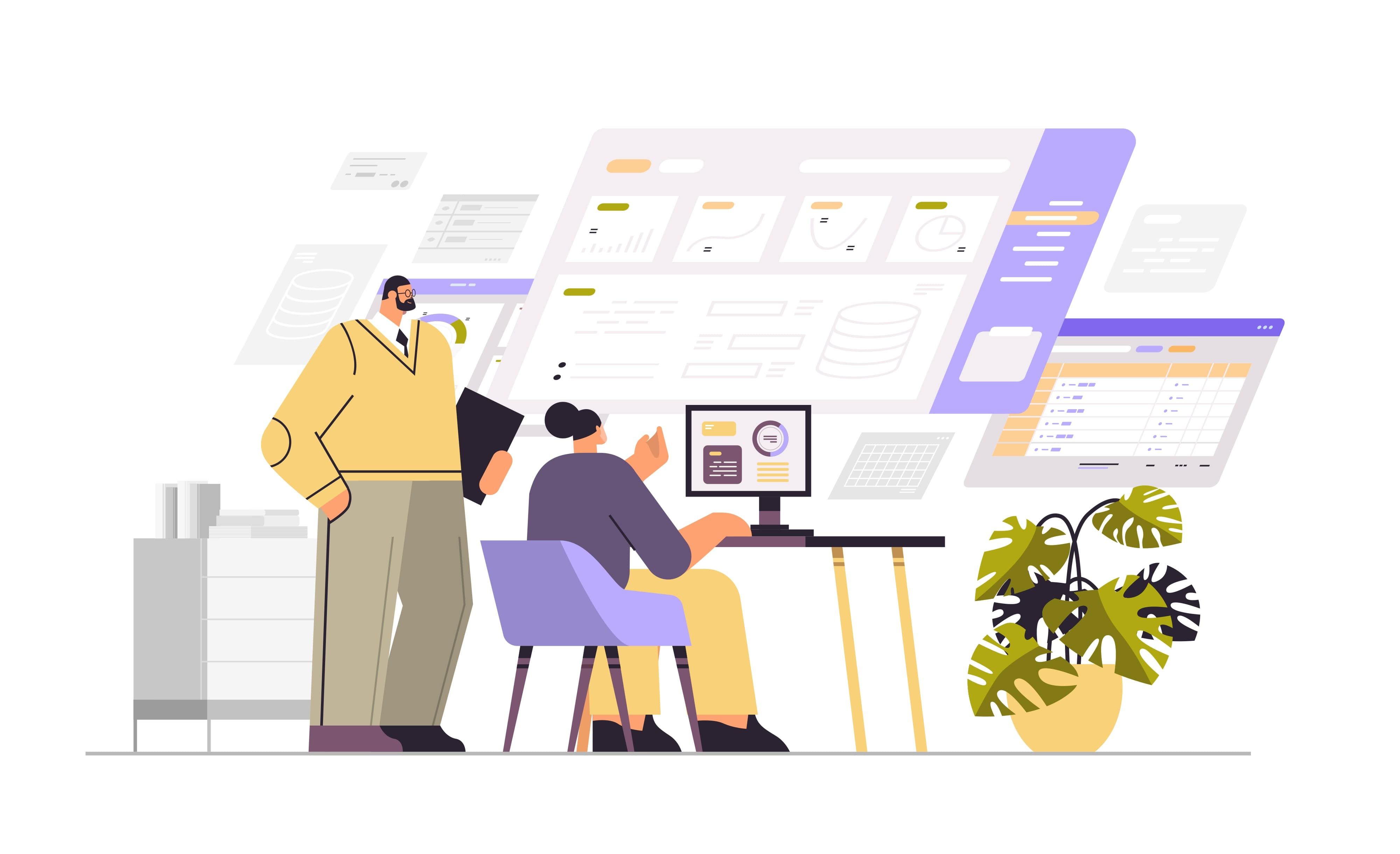 An illustration of two business owners in Edmonton working on their website's SEO