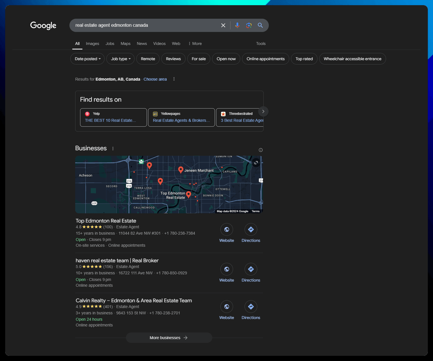 A screenshot of the Google search engine results page showcasing real estate businesses in Edmonton, CA with their optimized Google Business Profile.