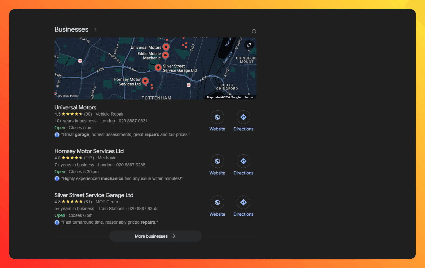 A screenshot displaying a collection of Google Business Profiles for car mechanics in Edmonton, Canada.