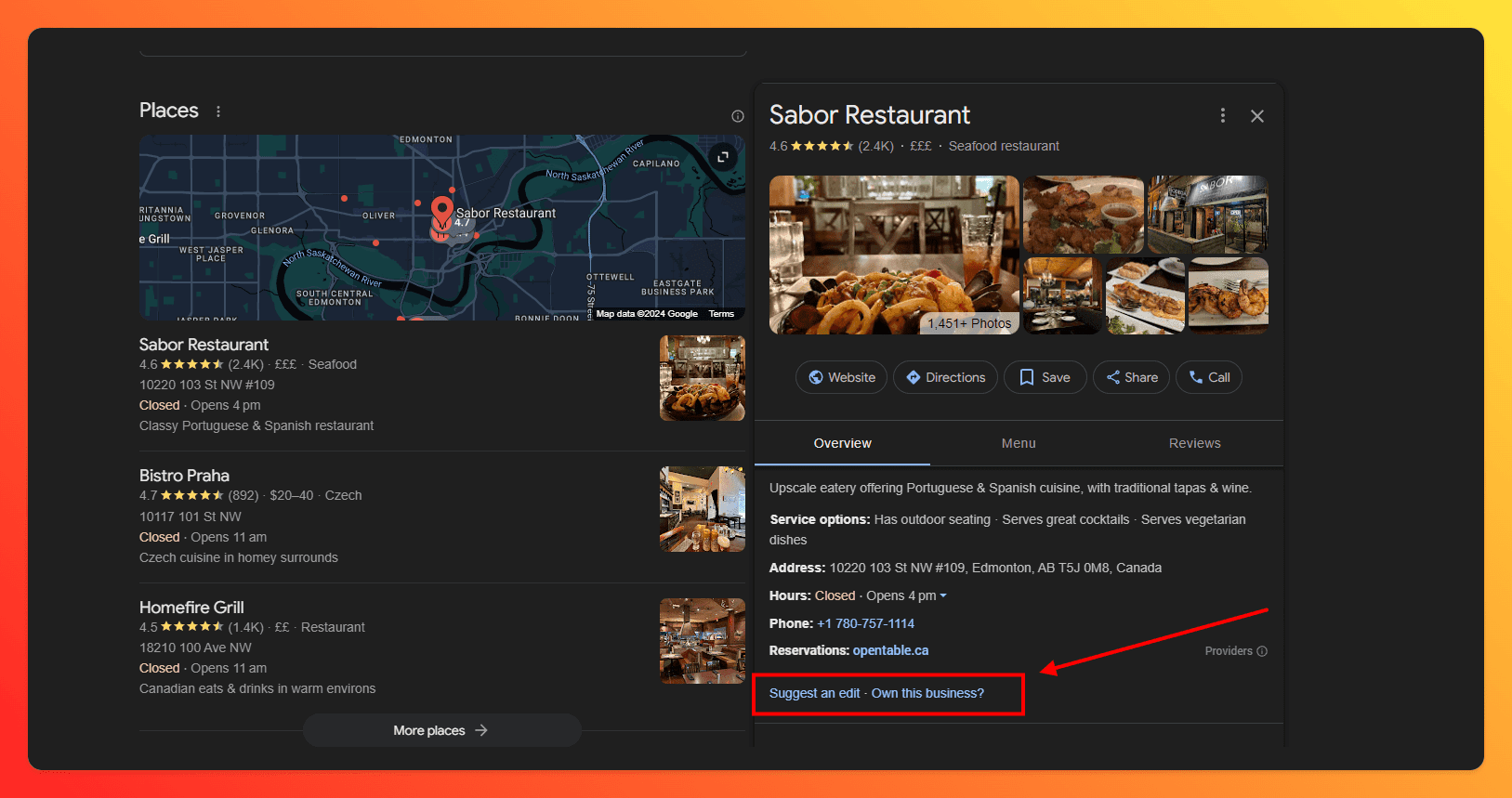 A screenshot of a Google Business Profile with the Own this business? Button option on the profile.