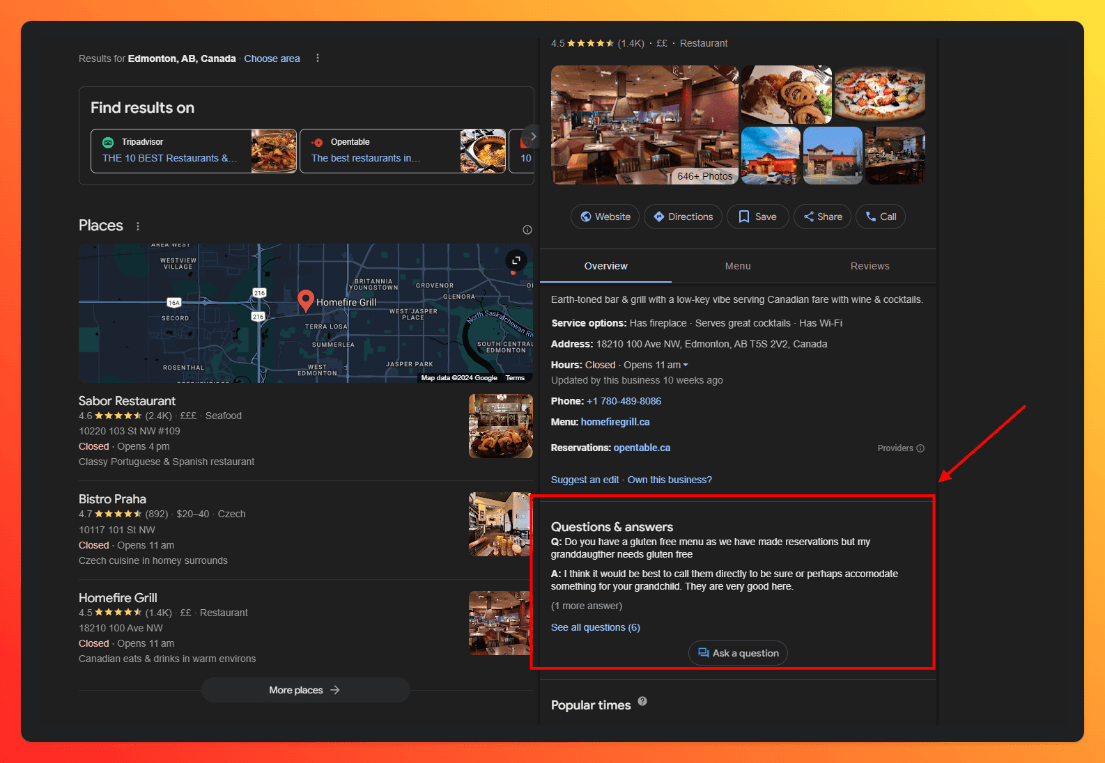 A screenshot of a Google Business Profile with a comprehensive Questions and Answers section