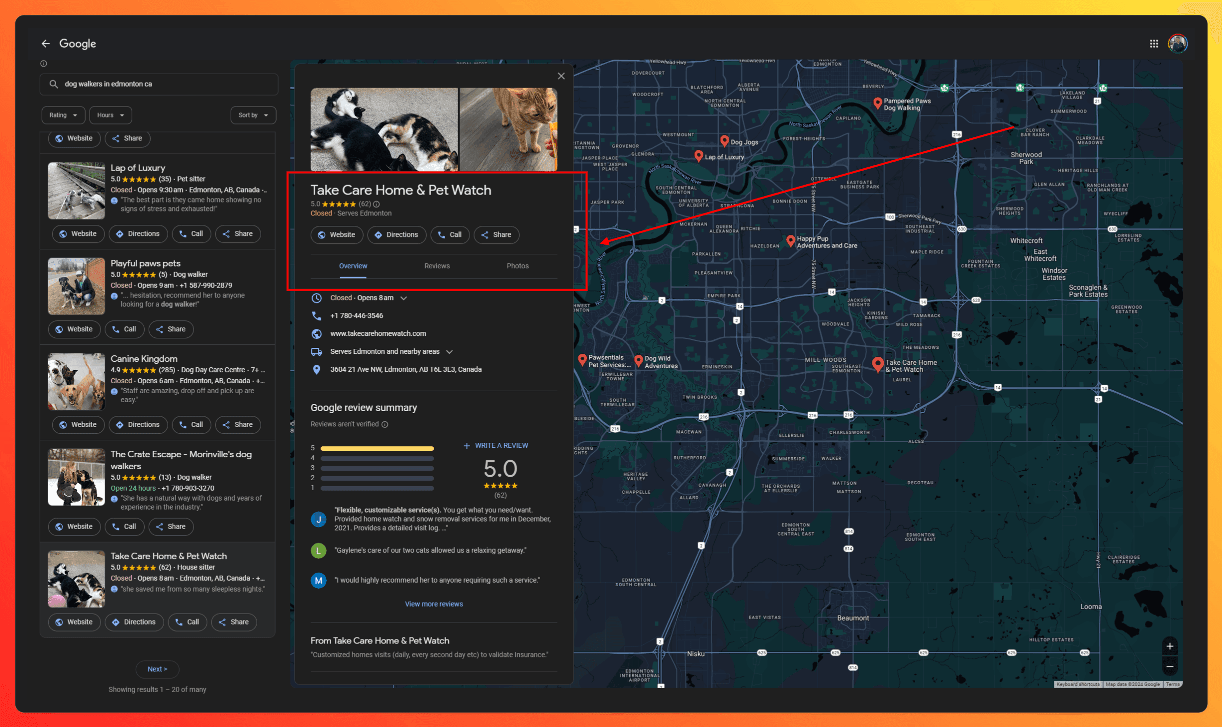 A screenshot of a Google Business Profile for a dog walking service with the tabs Overview, Reviews, and Photos set up.