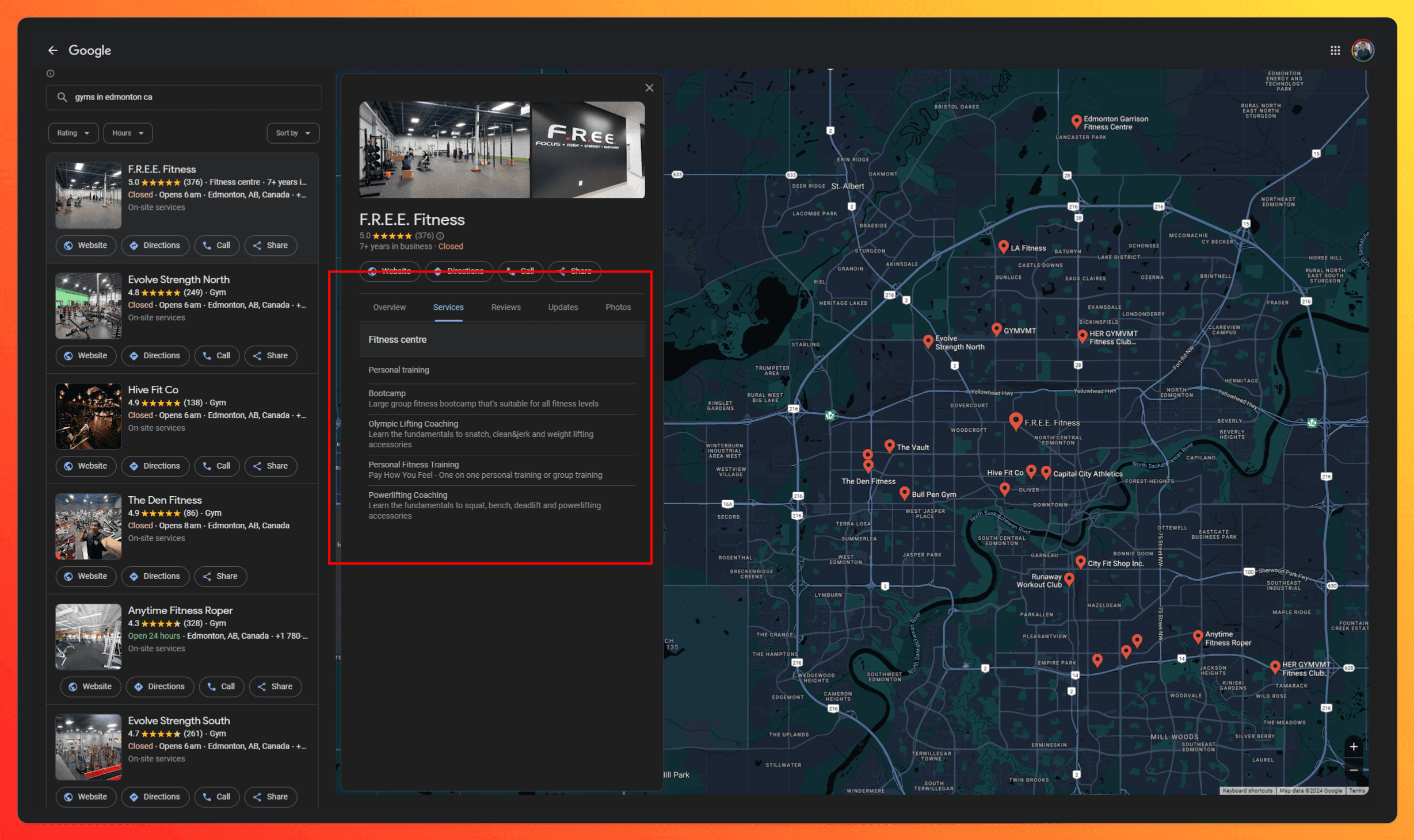 An example of a gym business in Edmonton, CA and the services they offer listed on their Google Business Profile