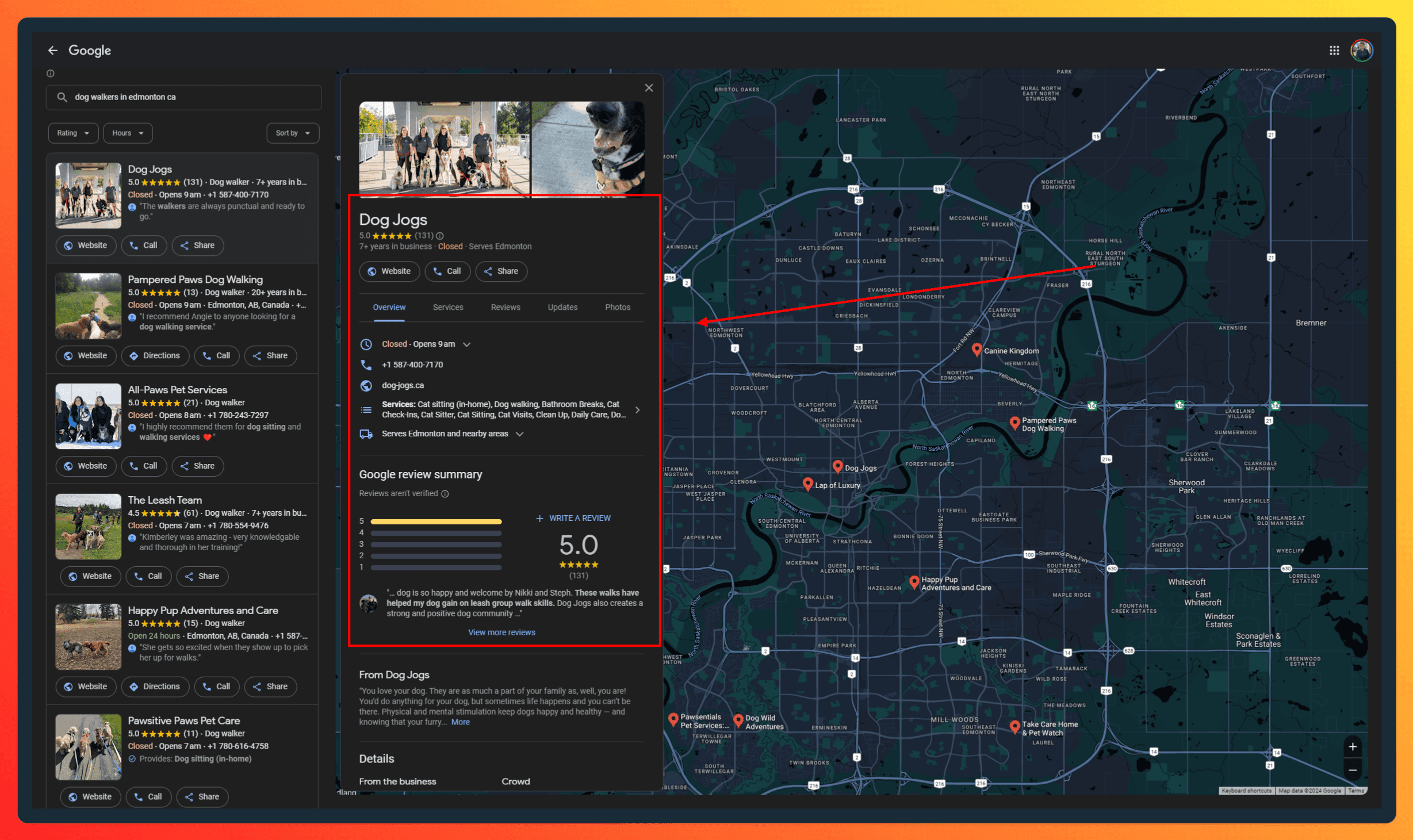 A screenshot of a more complete Google Business Profile for the top-ranked dog walking service