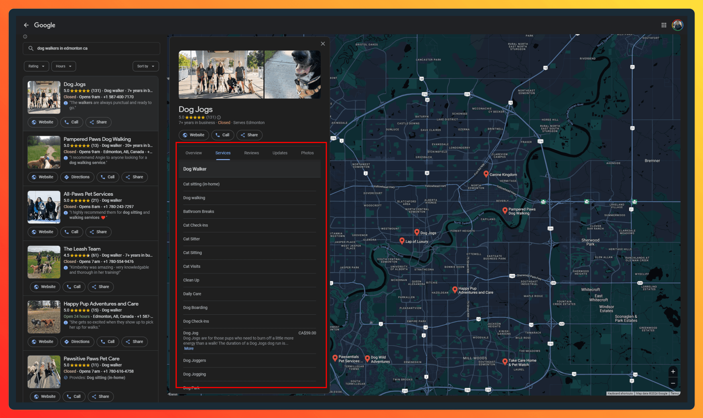 A screenshot of the top-ranked Google Business Profile for dog walkers and the services they offer
