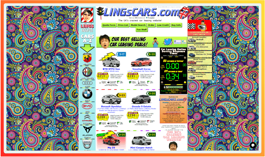 A crazy-looking website overloaded with dated concepts and wild, overpowering colours
