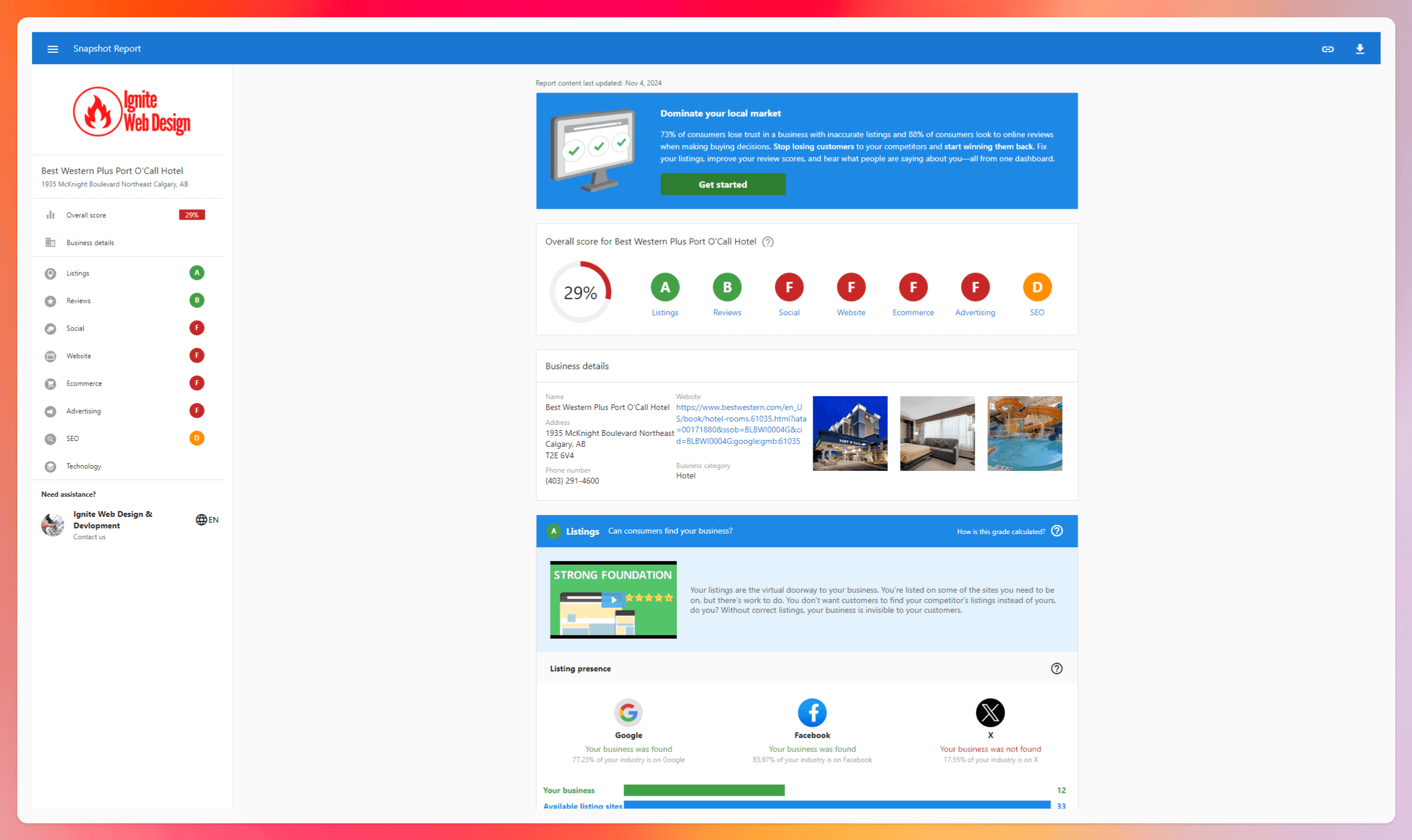 A screenshot of the Ignite Web Design web report