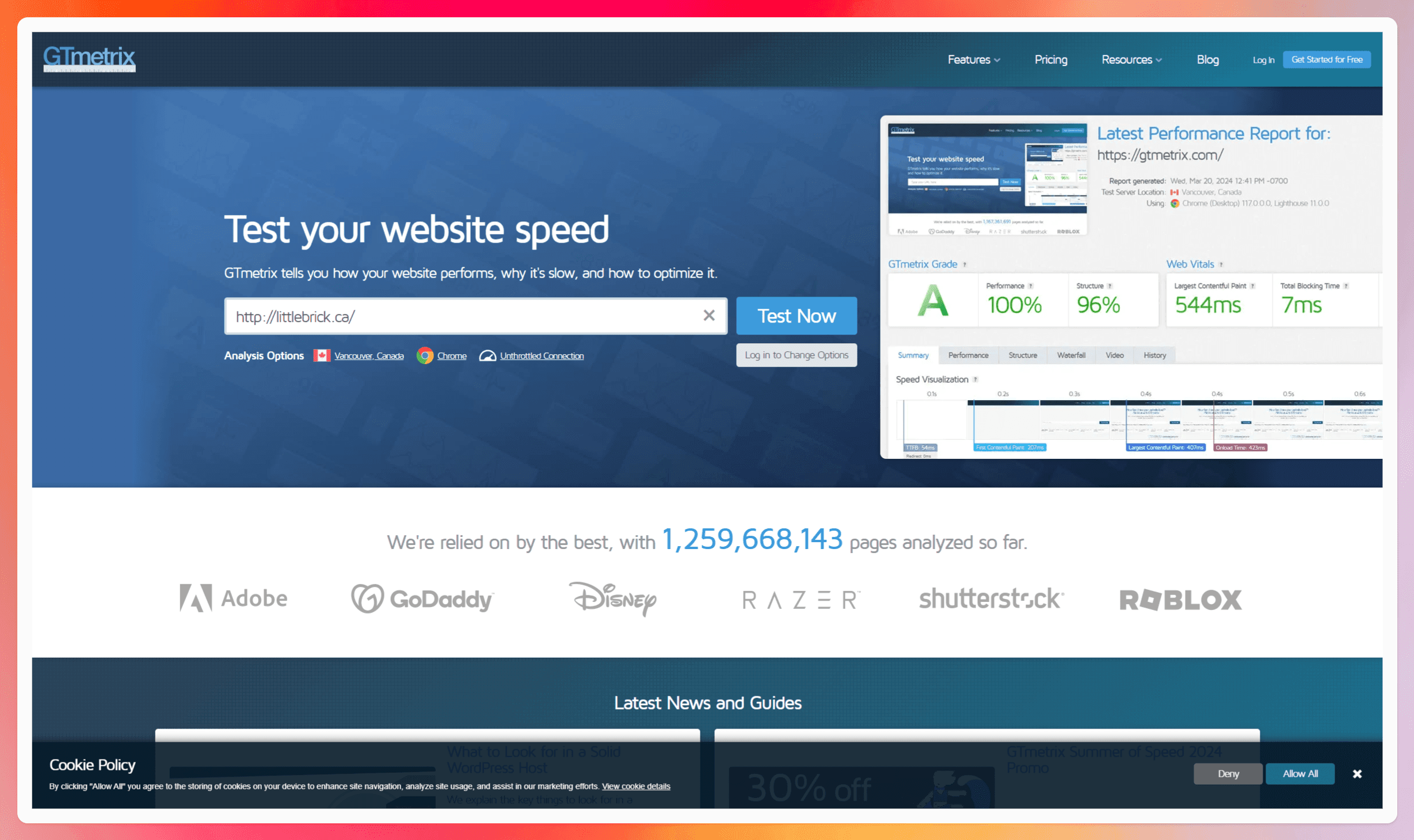 A screenshot of the GTmetrix homepage with the Edmonton Little Bricks URL in the search bar