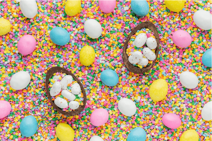 A very colourful Easter display with egg baskets and toy eggs