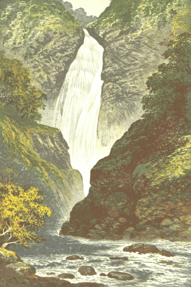 A colorful drawing of a waterfall cascading gently, surrounded by a lush green forest, bringing the serene beauty of nature to life.