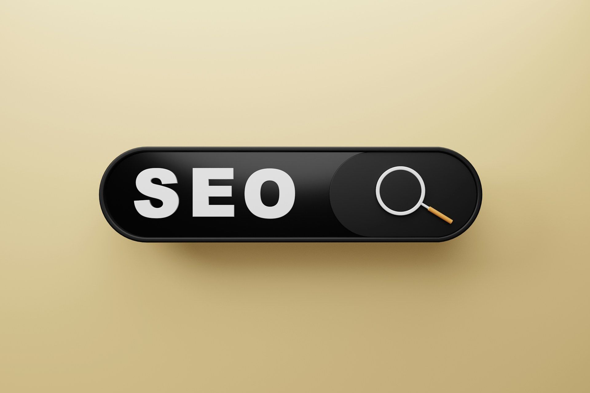 A graphic with the letters “SEO” in a black bar and a search icon