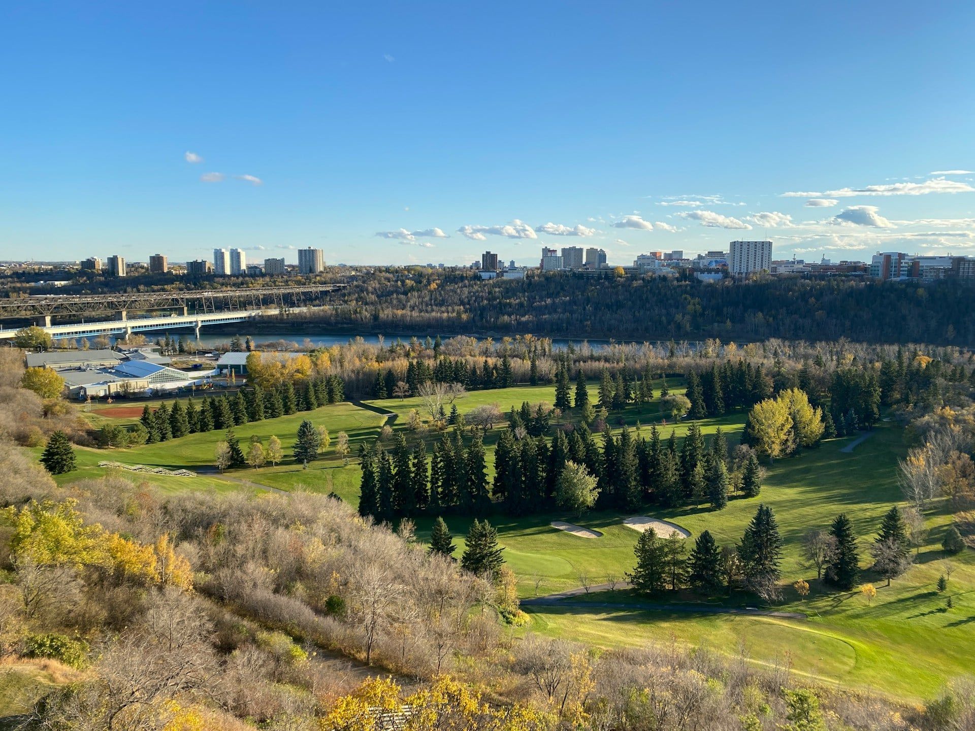 The Edmonton cityscape across the golf course