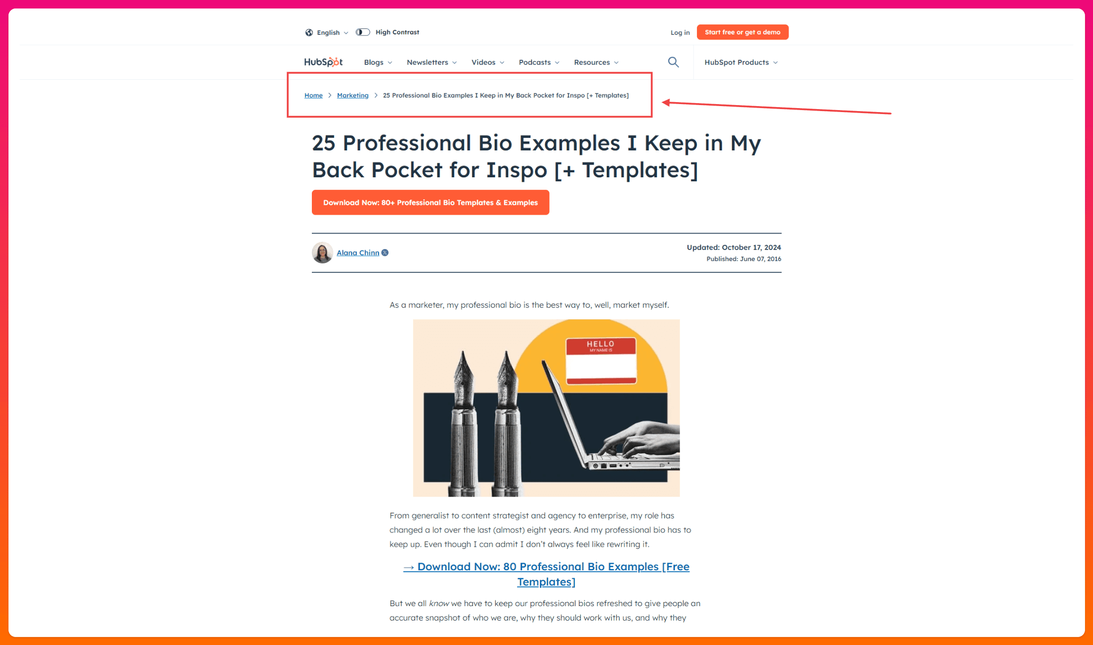 A screenshot of a Hubspot blog post with breadcrumb navigation at the top