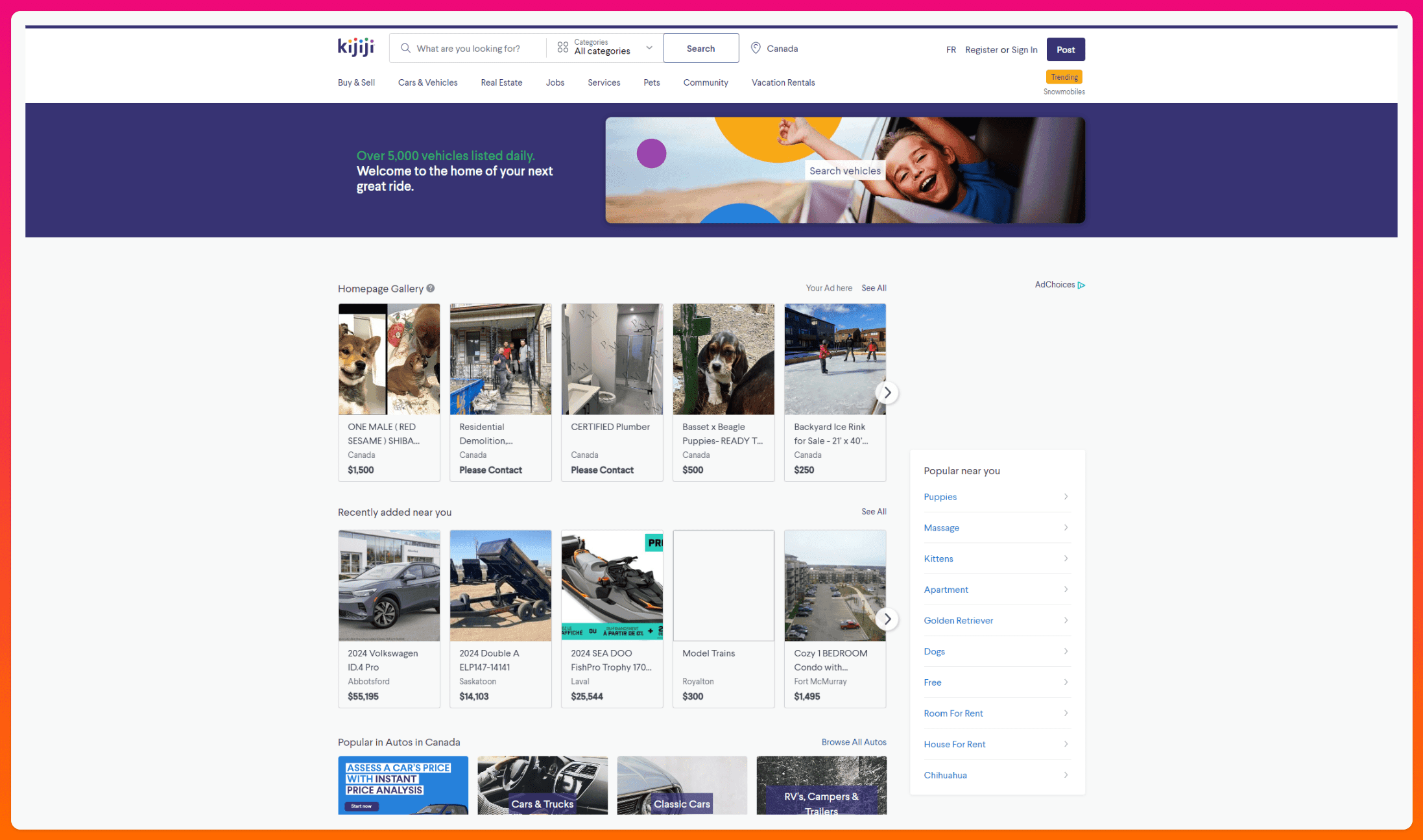 A screenshot of the Kijiji website homepage