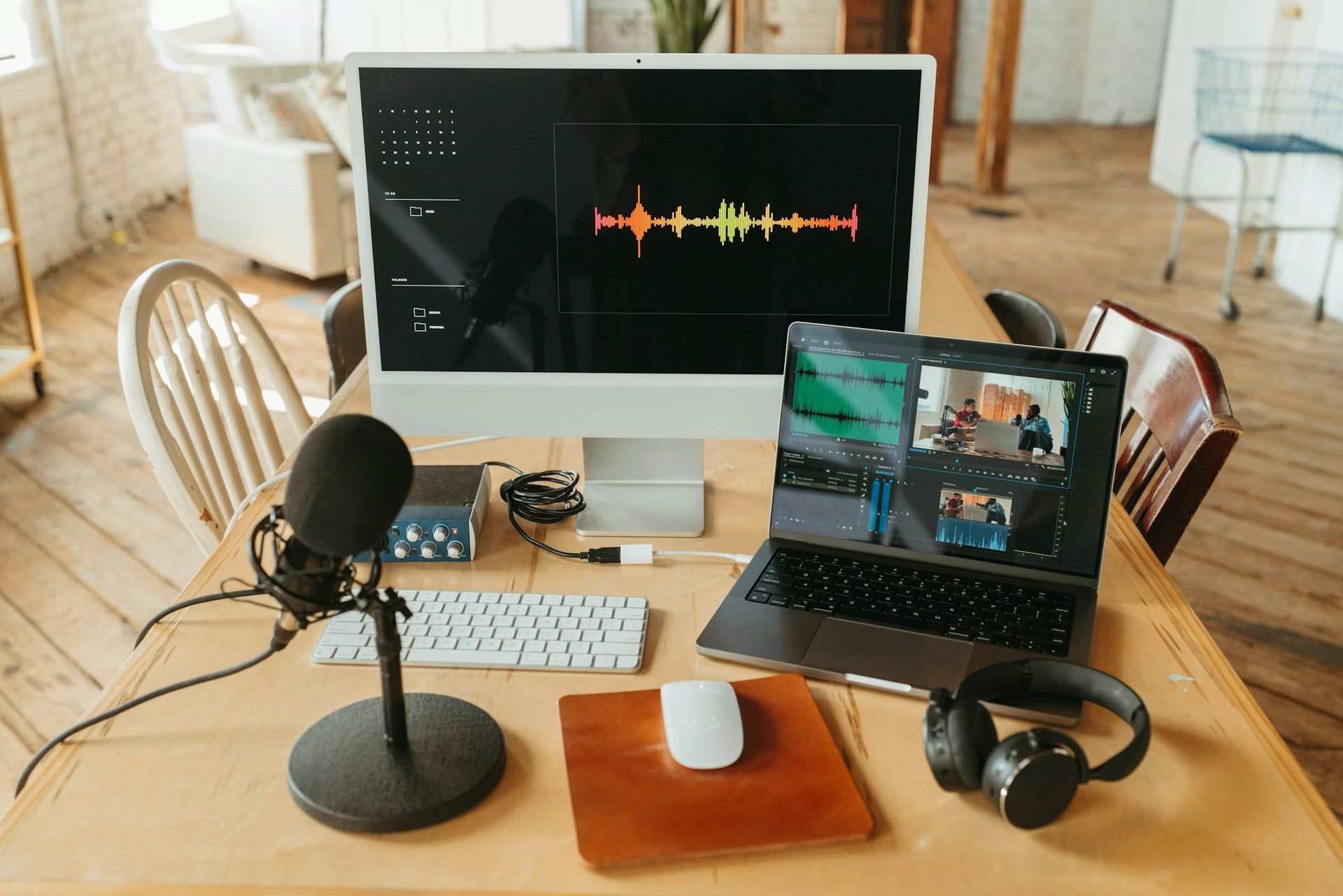 A desk setup with a computer, laptop, and podcast recording equipment and software