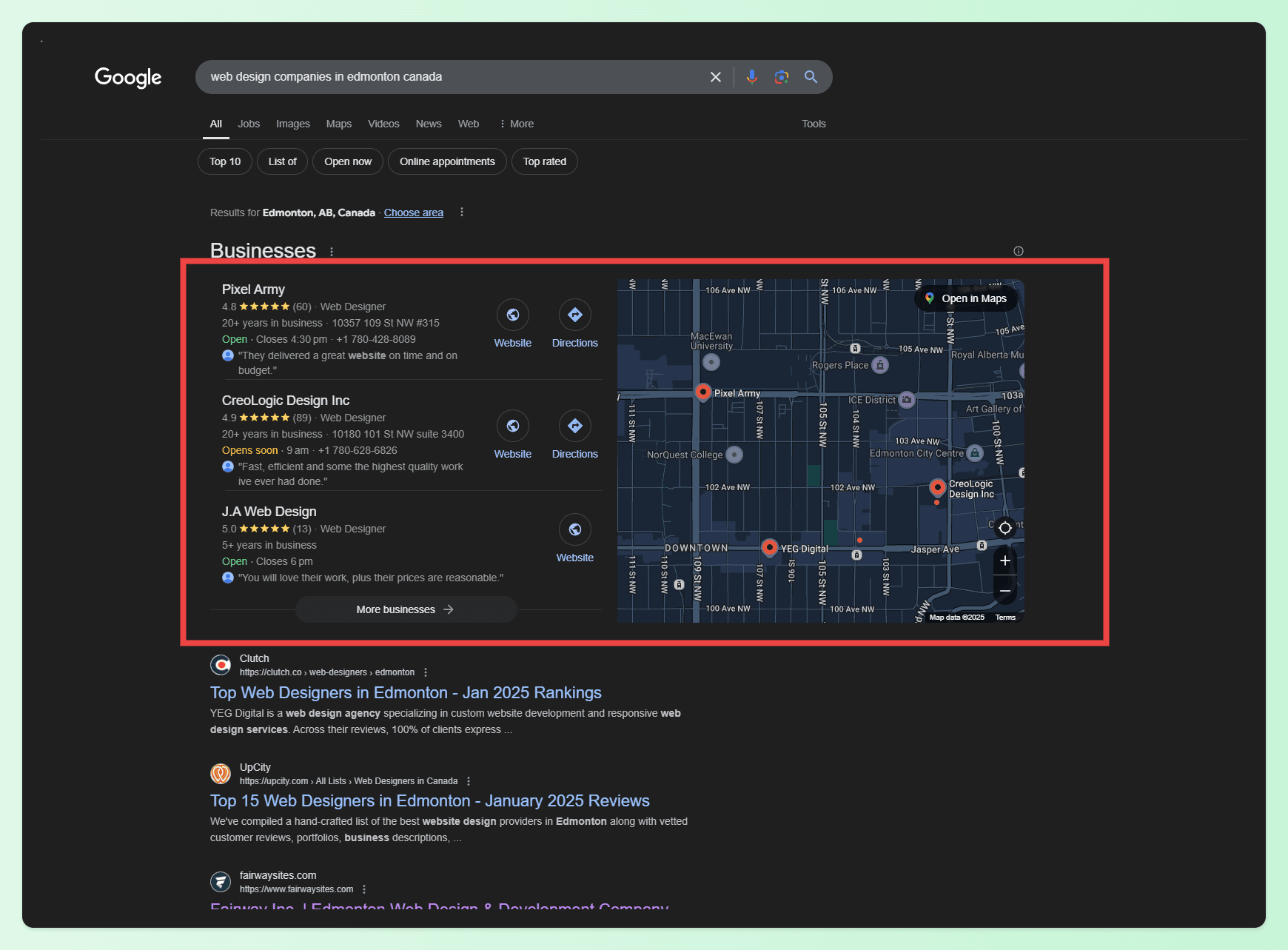 A screenshot of a Google results page displaying three Google business profiles