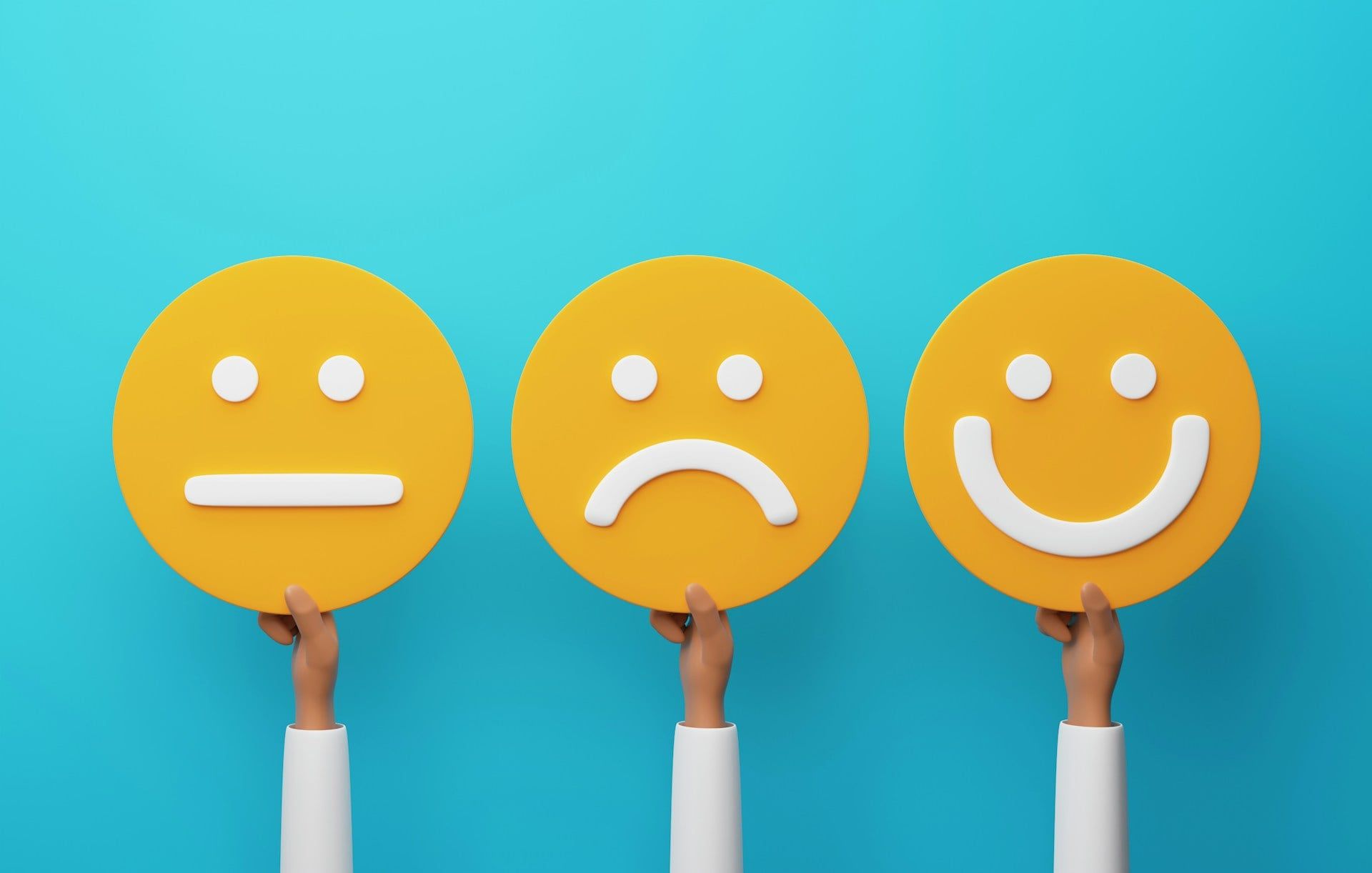 A graphic of three faces representing happy, sad, and neutral customer reviews