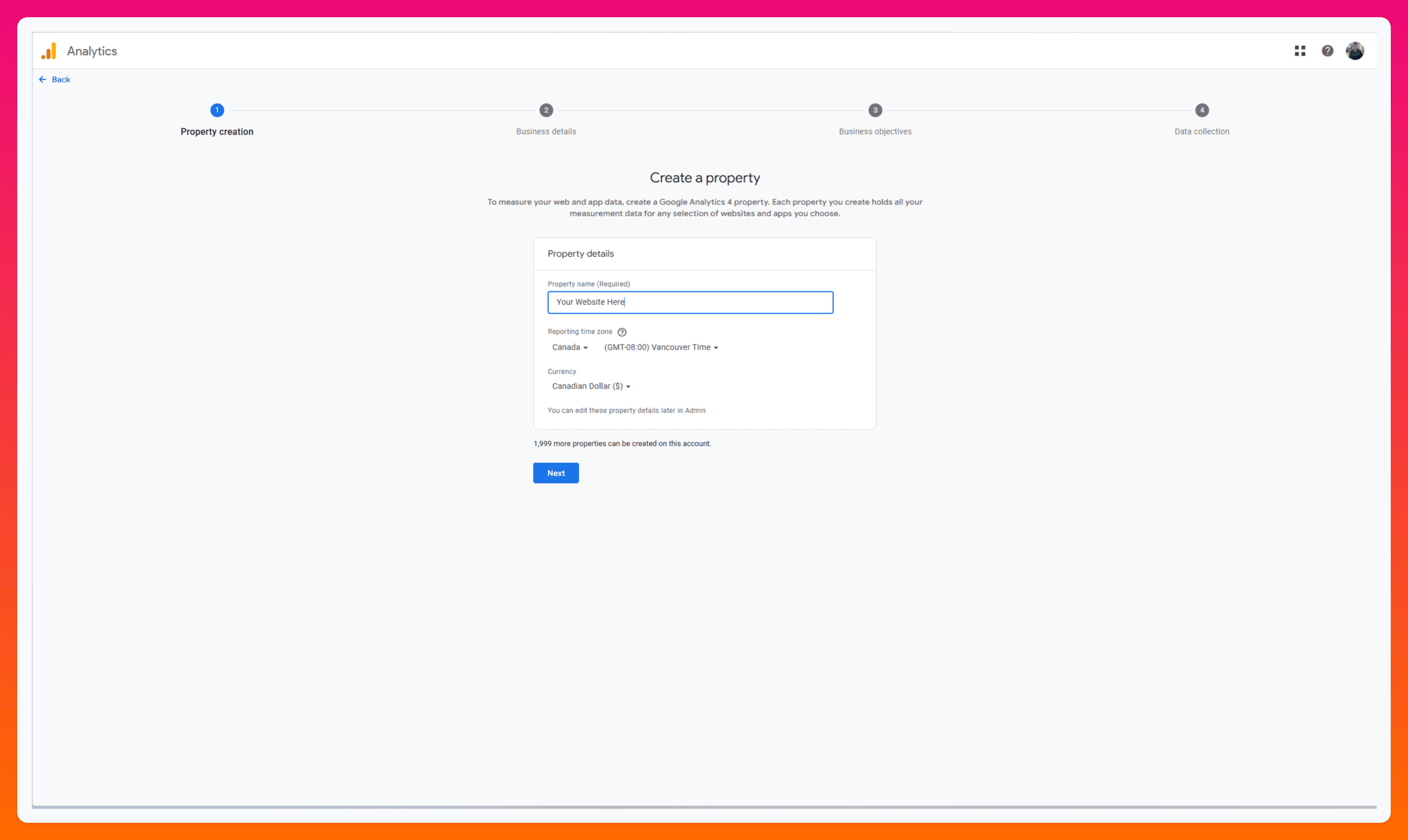 A screenshot of creating a property with Google Analytics