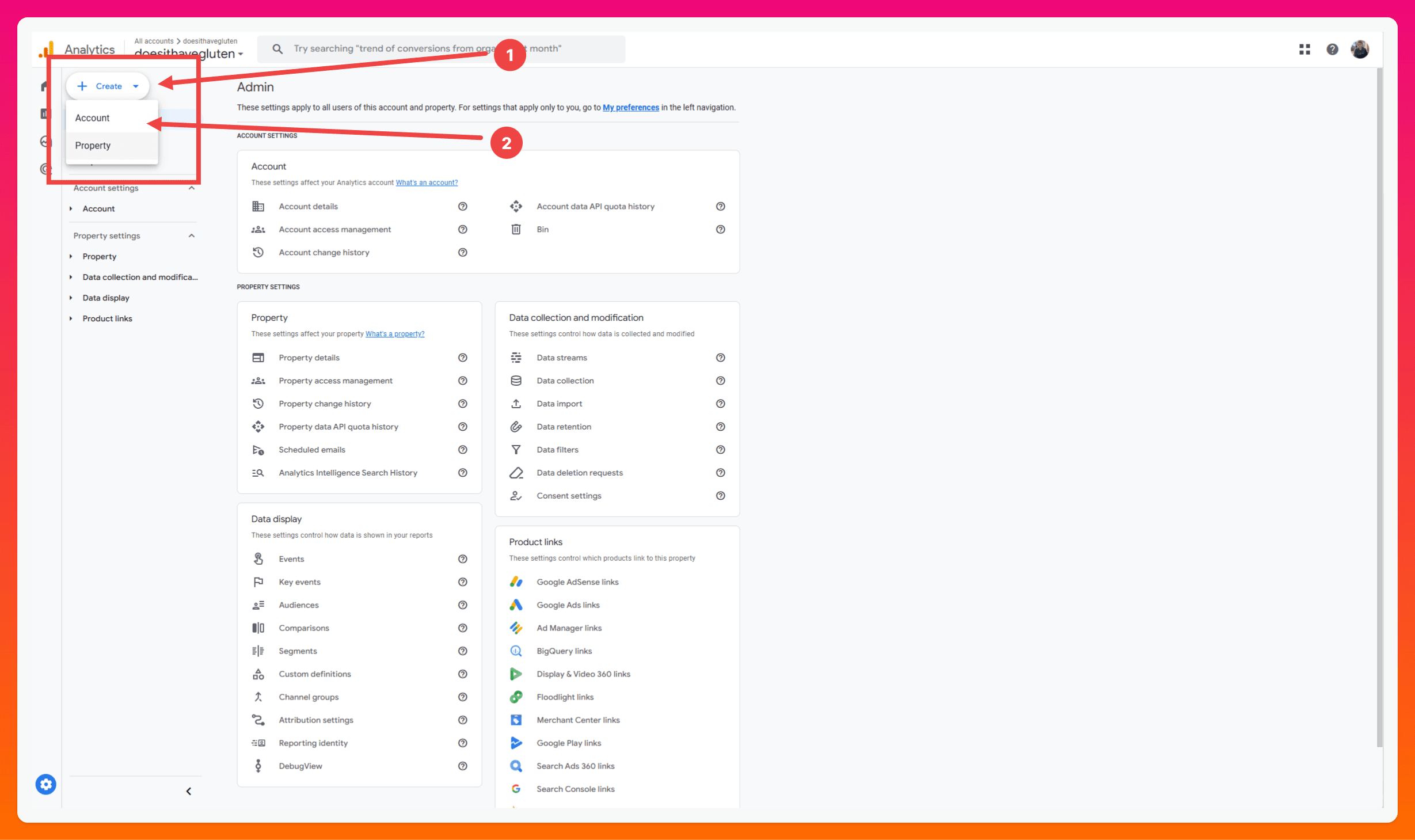 A screenshot of the Google Analytics 4 dashboard with red arrows pointing to the “Create” and “Property” buttons, with numbered steps