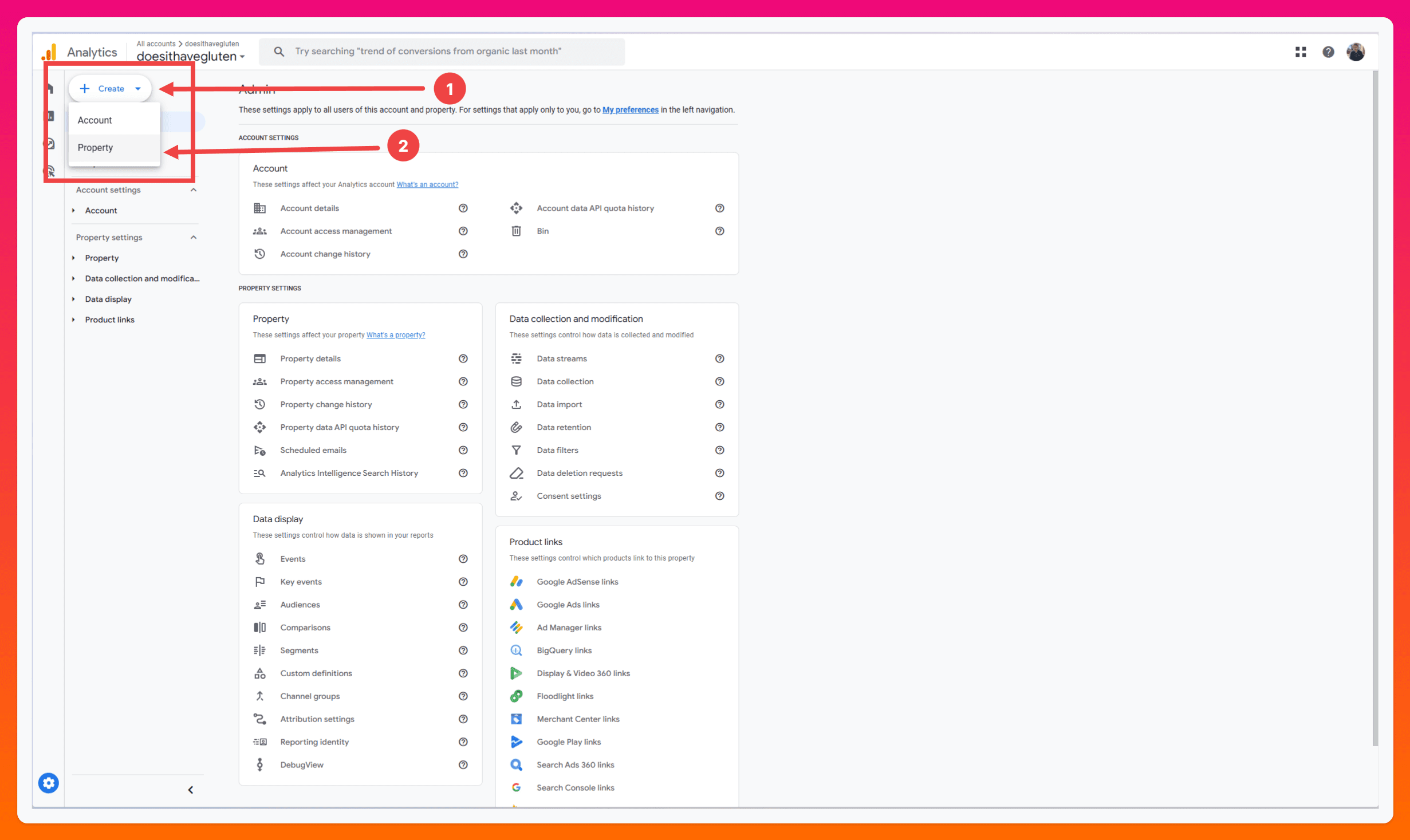 A screenshot of the Create and Account buttons in Google Analytics, with arrows pointing to both buttons