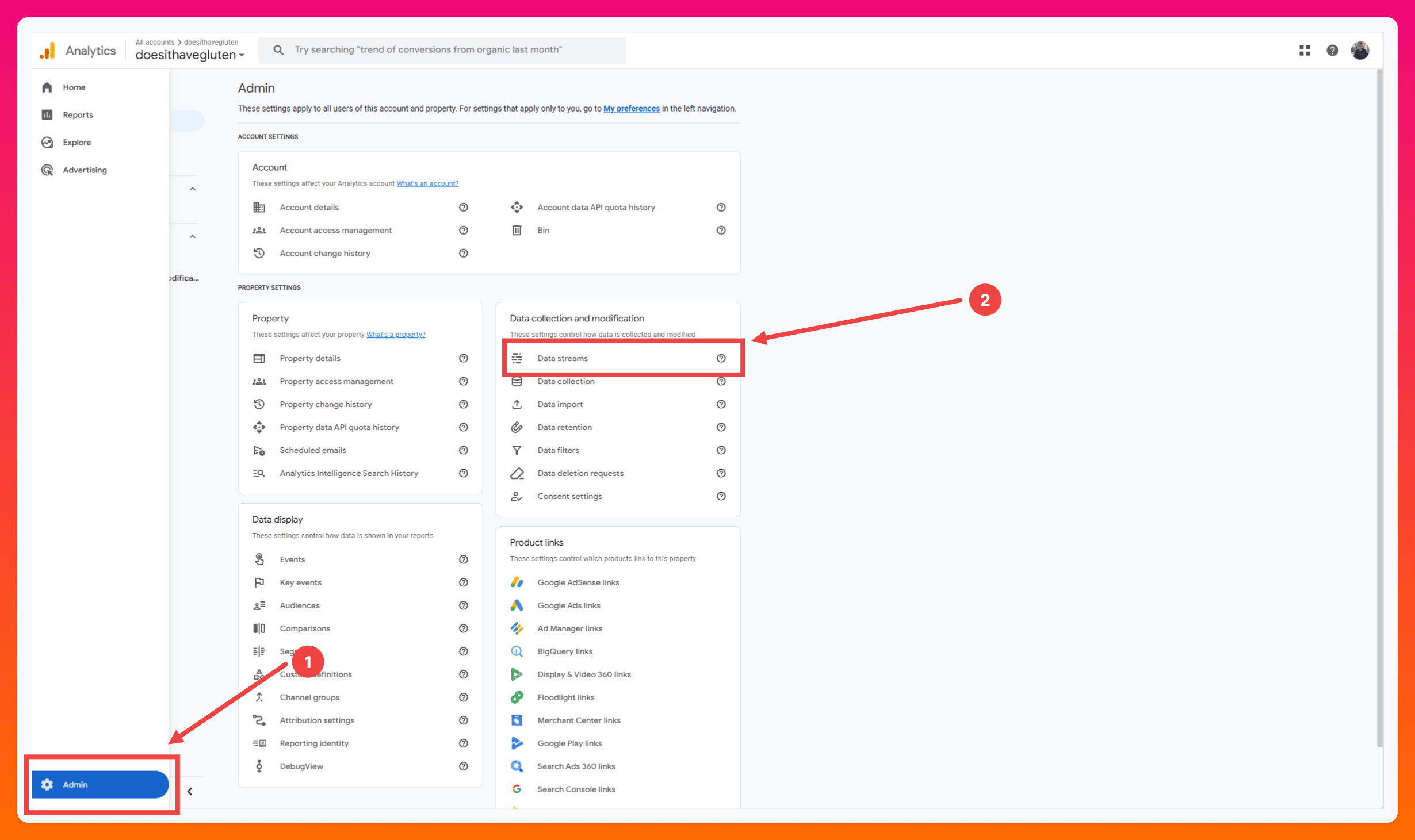 A screenshot of red arrows on the Google Analytics dashboard pointing at the “Admin” and “Data Streams” buttons.