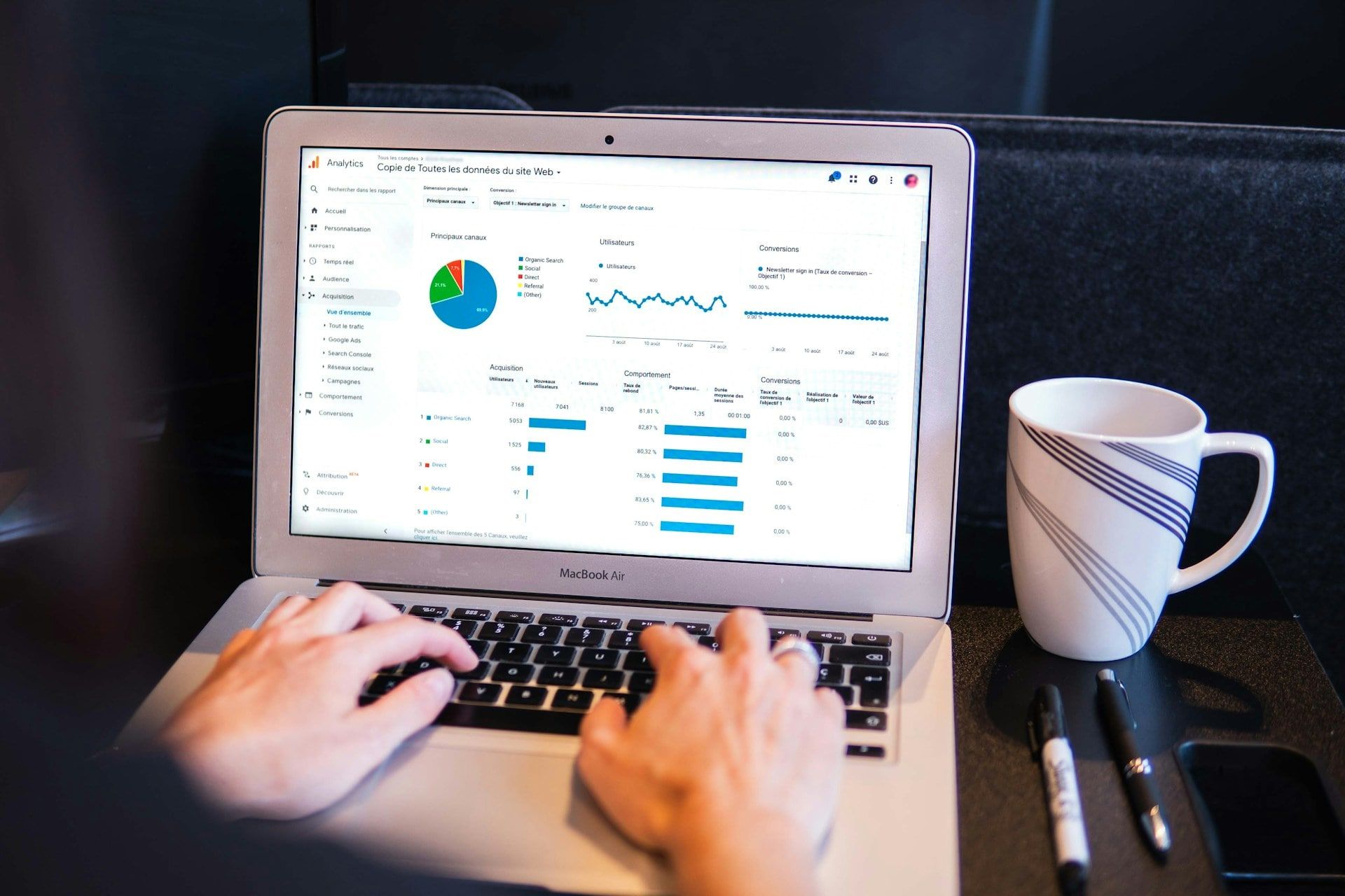 Someone using a laptop to look at their Google Analytics demographic data in French