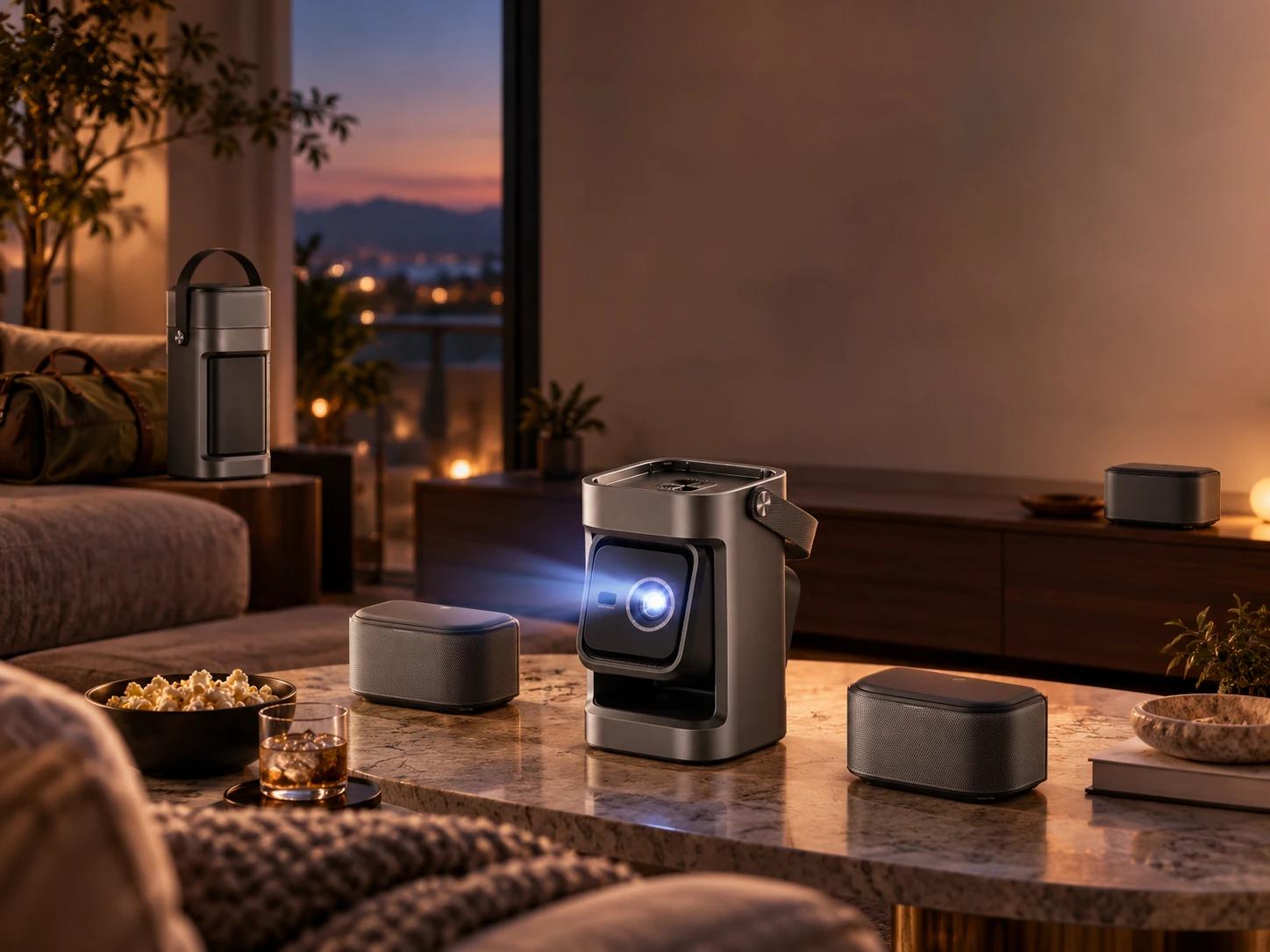 Orlume Aura+ portable 4K projector creating a home cinema