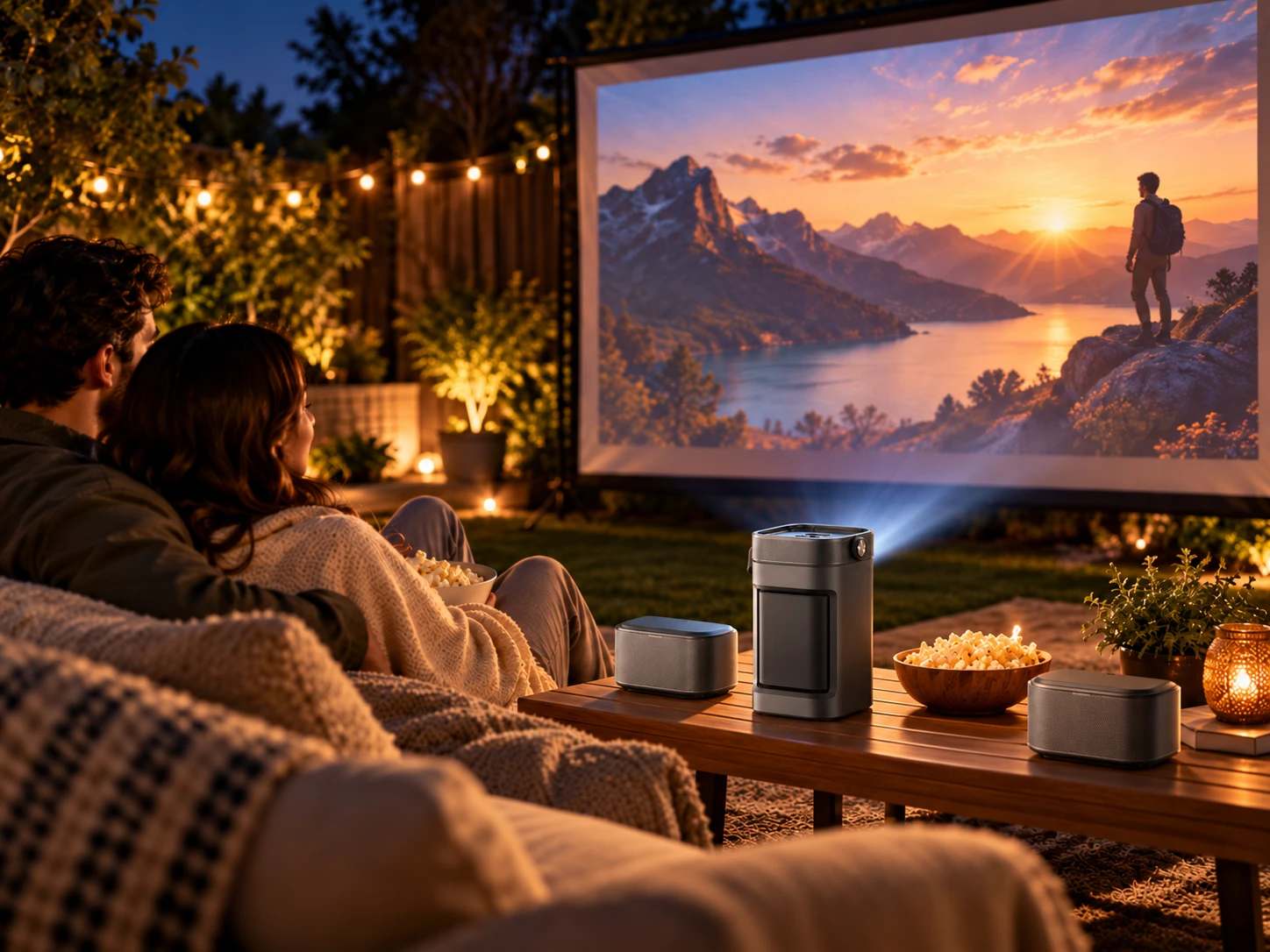 Orlume Aura+ portable projector used outdoors for movie night
