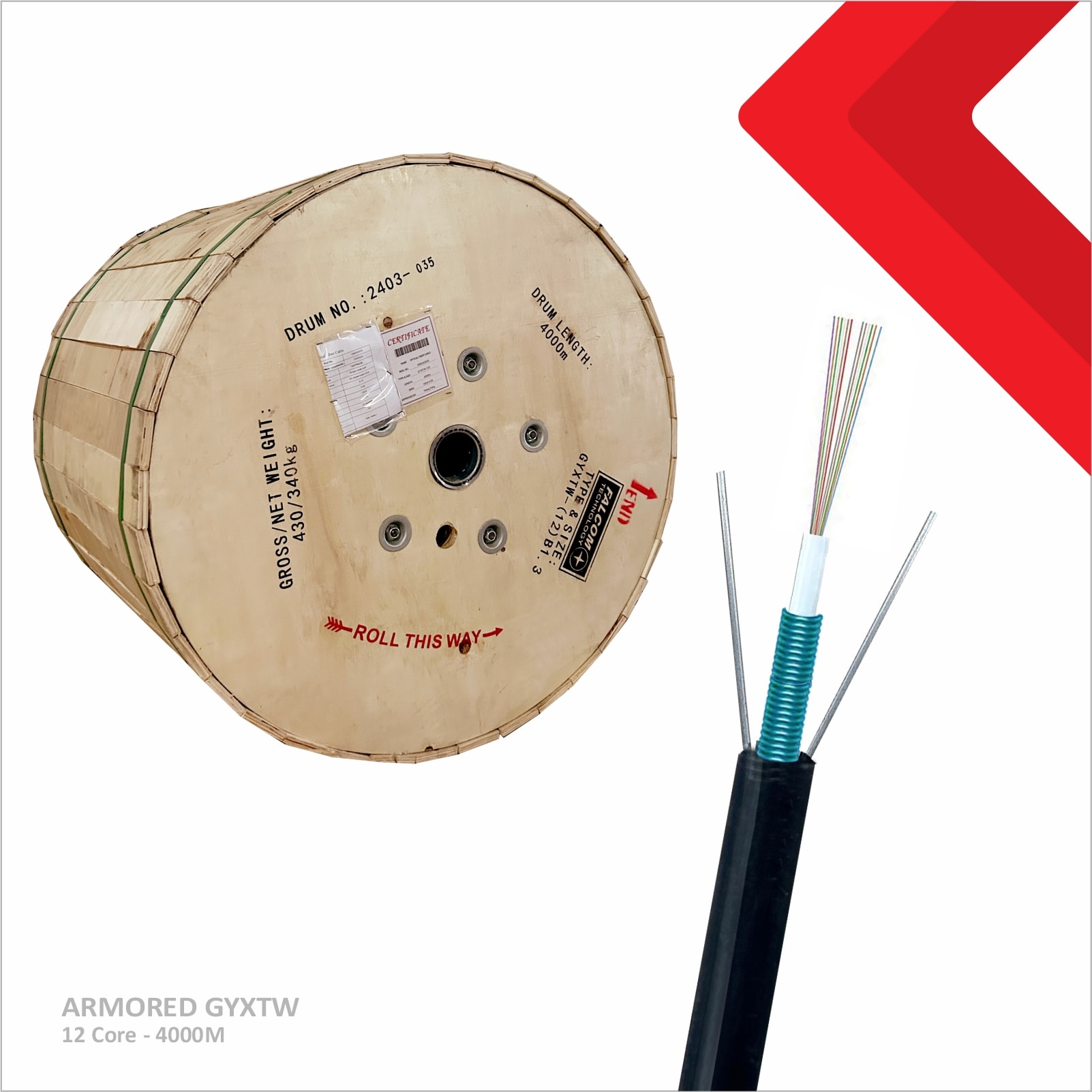 Kabel fiber optik ARMORED 12 CORE 9,5MM, 4000M