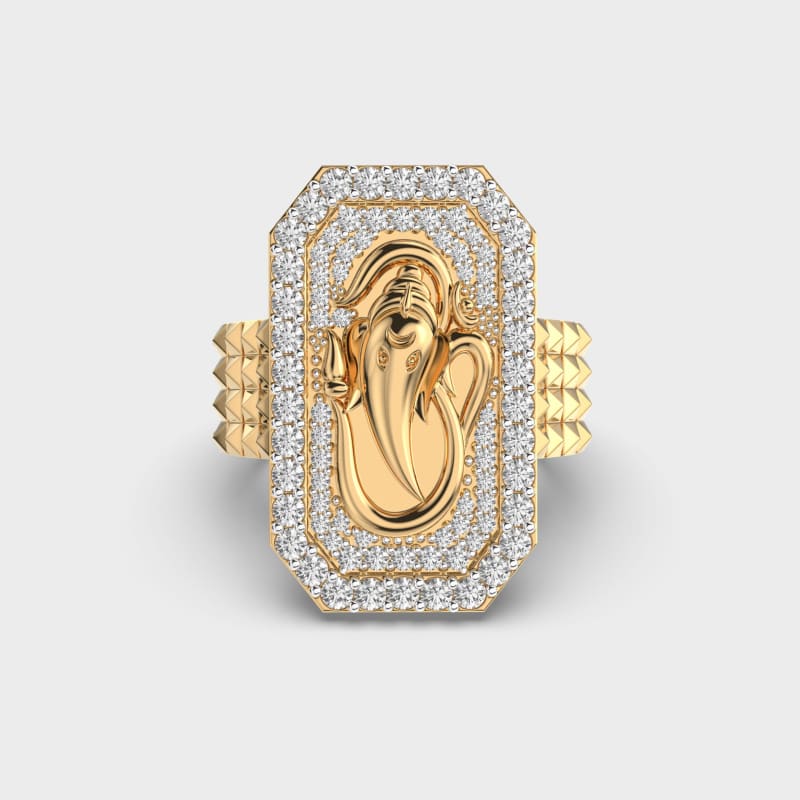 Lord Ganesh Design Round Diamond Men's Engagement Ring In Gold