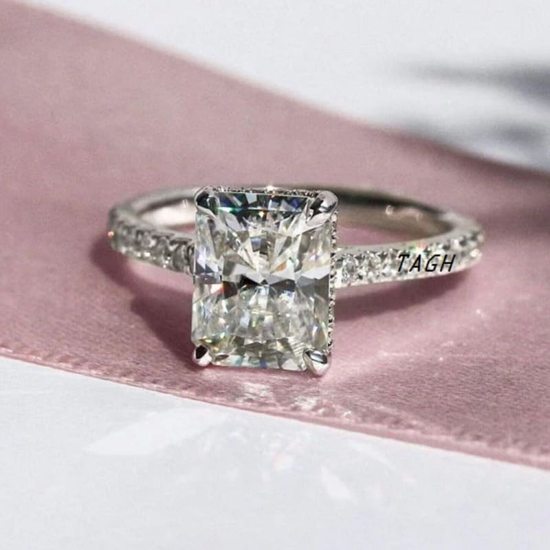 Radiant Cut Moissanite Ring-14k Solid White Gold-engagement Ring-handmade H